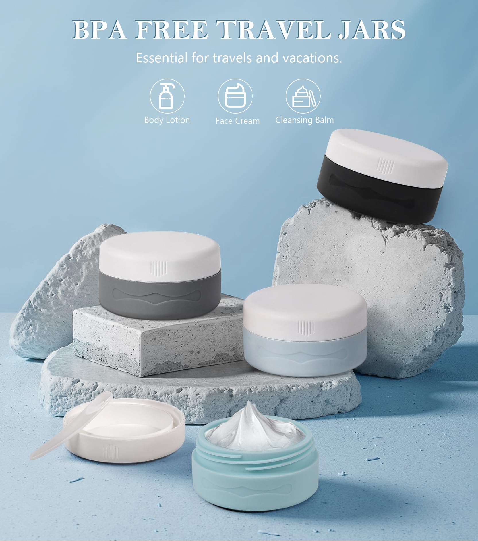 TSA Approved Silicone Travel Jars for Toiletries - 1.35 fl oz (40ml) Leakproof Cream Containers with Clear Cosmetic Bag & Spatula - Perfect for Skincare, Makeup & Air Travel Essentials (Blue)