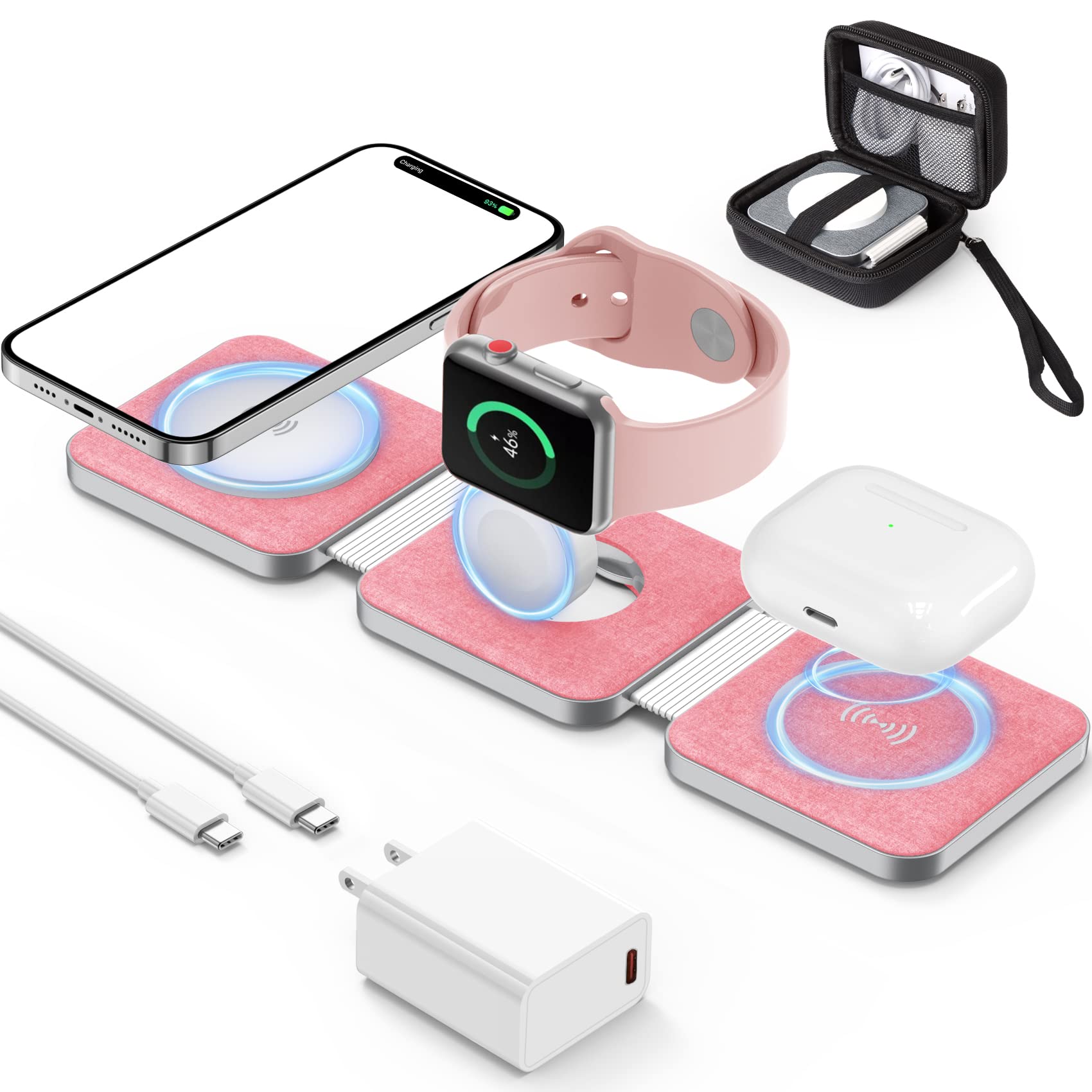 3-in-1 Wireless Charger for iPhone 15/14/13, AirPods & Apple Watch - Pink | Foldable Travel Charging Station