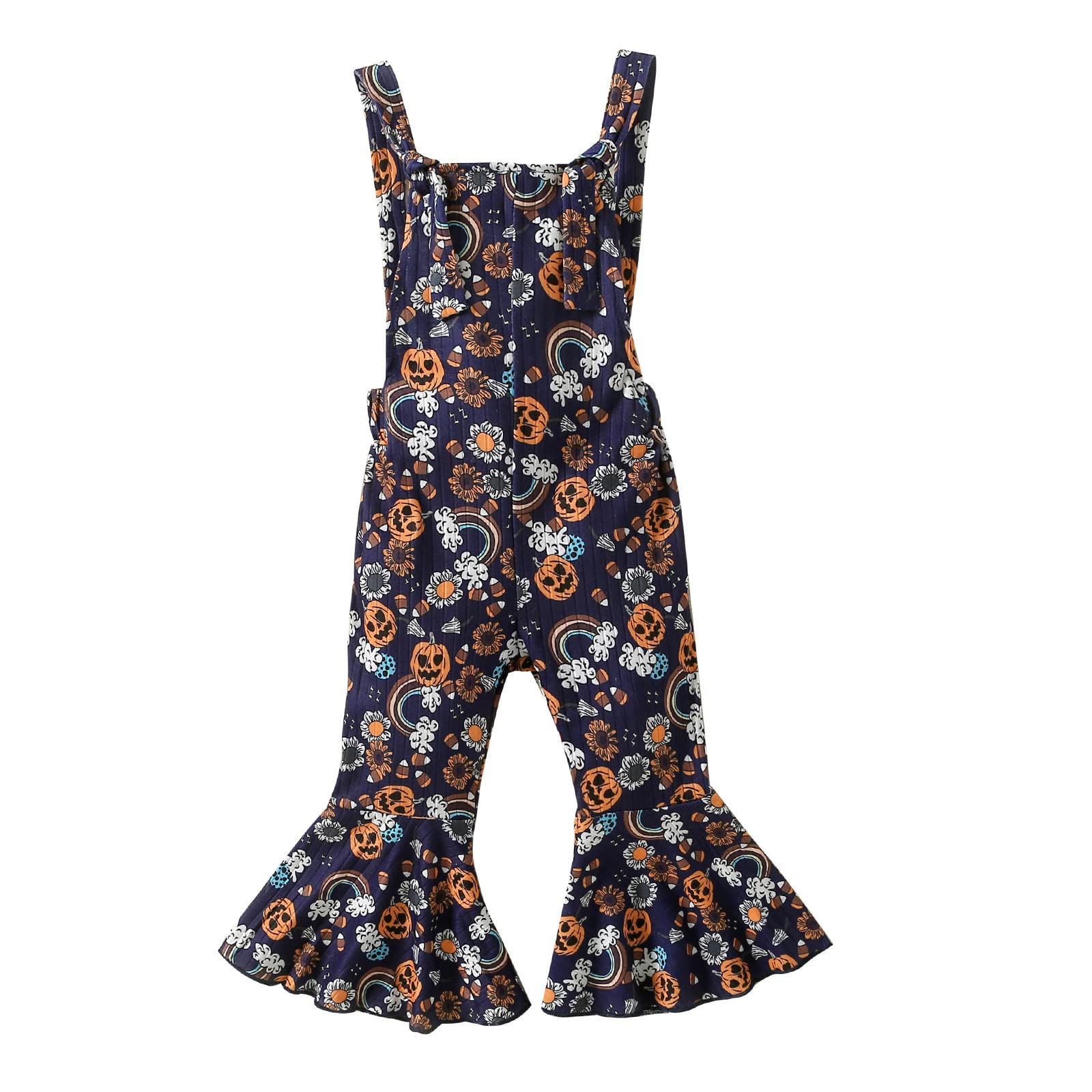 **Pumpkin Printed Toddler Baby Girls Halloween Romper - Sleeveless Bell-Bottoms Jumpsuit for Halloween Costume & Photo Shoot**    **使用场景:** Perfect for Halloween parties, trick-or-treating, fall festivals, and adorable seasonal photo shoots.