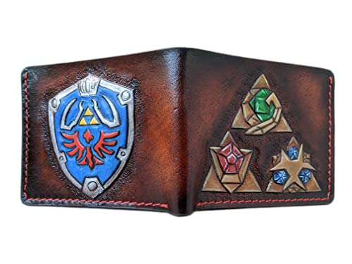 Hand-Carved 3D Genuine Leather Wallet for Men - Custom Personalized Leather Carving with Hyrule Shield & Holy Relics Design - Perfect for Gifts, Cosplay & Fantasy Enthusiasts
