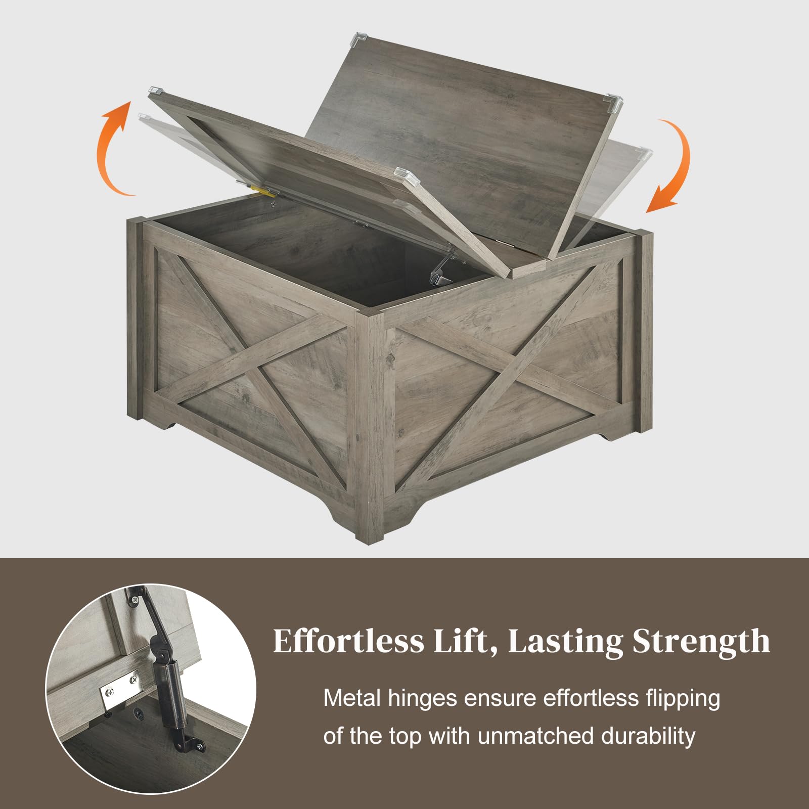 Karl Home Square Coffee Table with Storage - Farmhouse Rustic Gray Wooden Center Table with Hinged Lifting Tabletop - 31.5