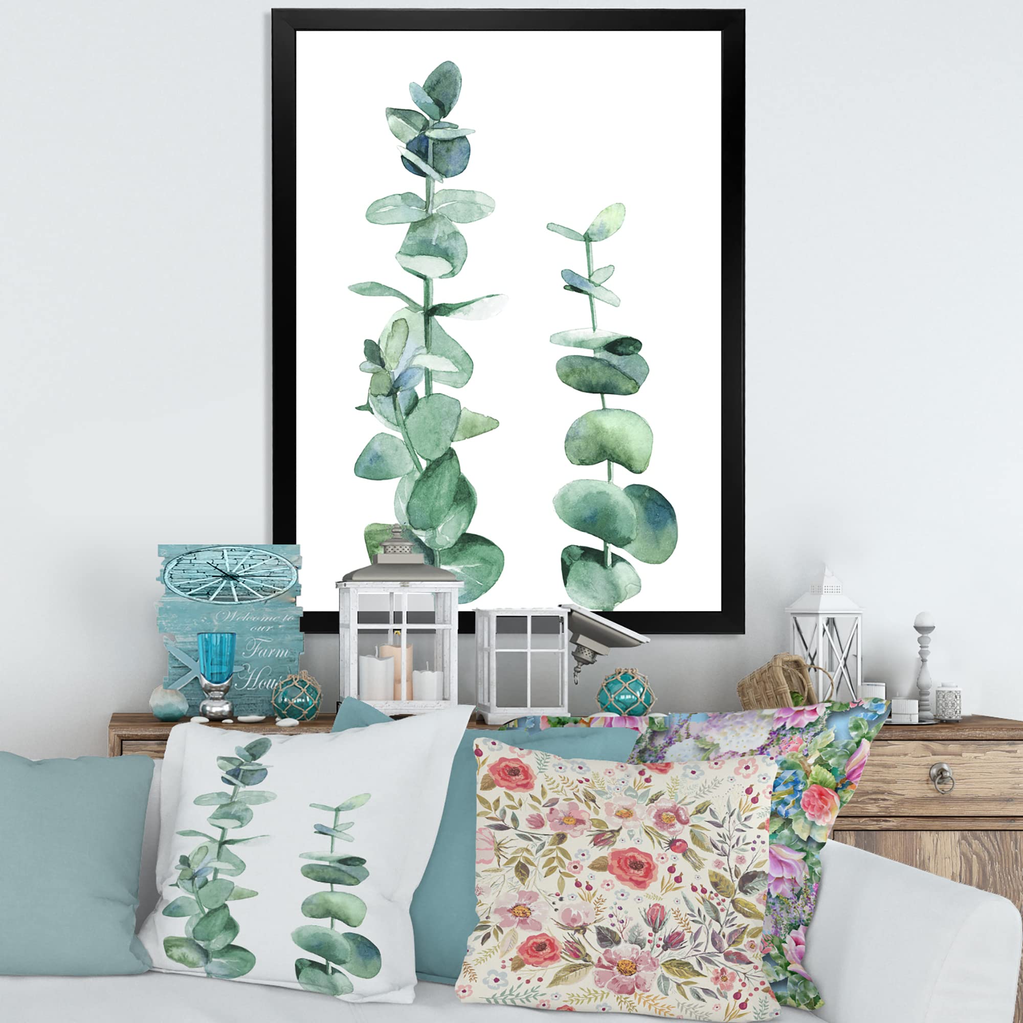 DesignQ Silver Blue Eucalyptus Branch Tropical Framed Wall Art - Modern Botanical Home Decor for Living Room, Bedroom & Office