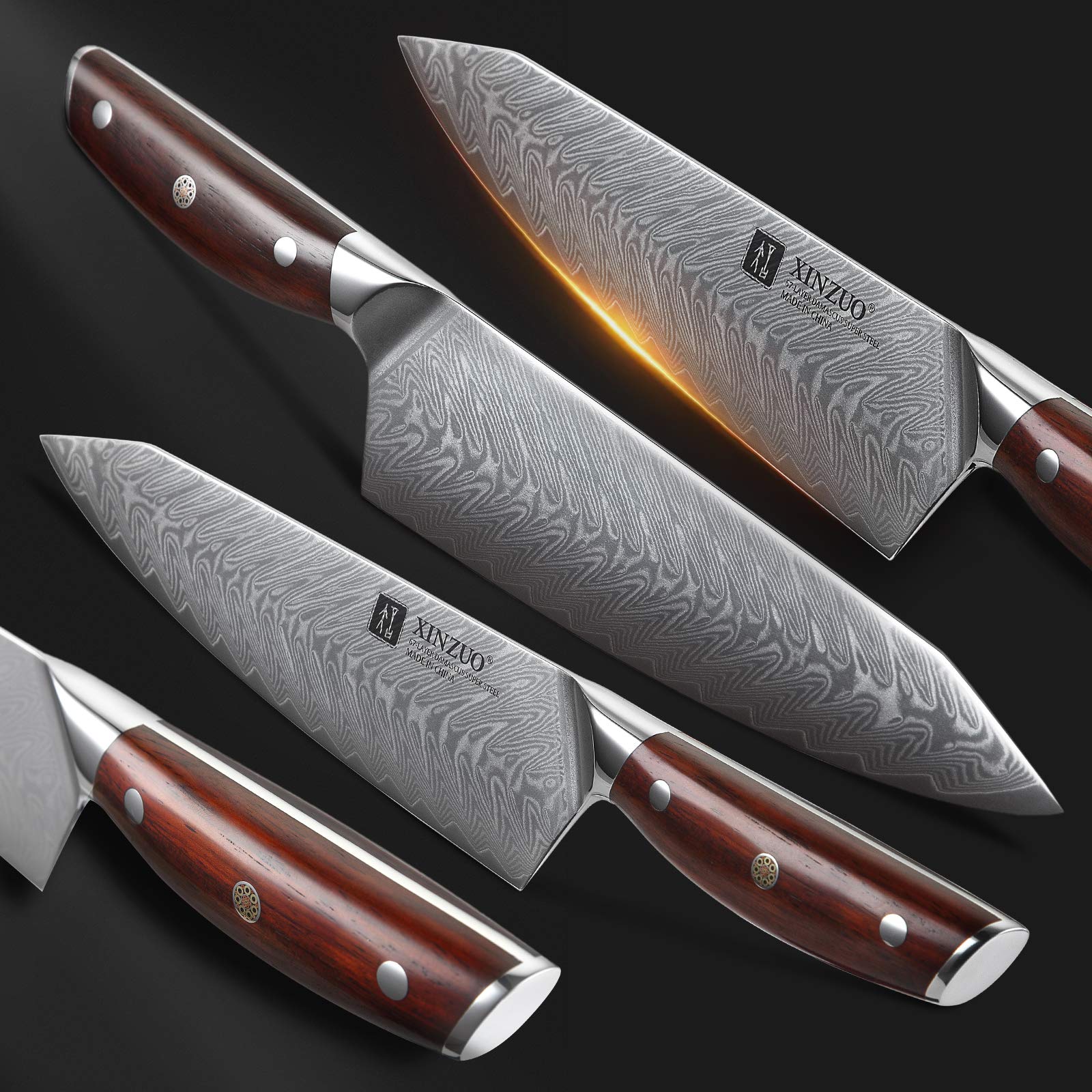 XINZUO 5-Piece Damascus Steel Knife Set - Professional Ultra Sharp Kitchen Knives with Natural Rosewood Handles - Perfect Chef Gift Box for Home Cooking & Professional Kitchens