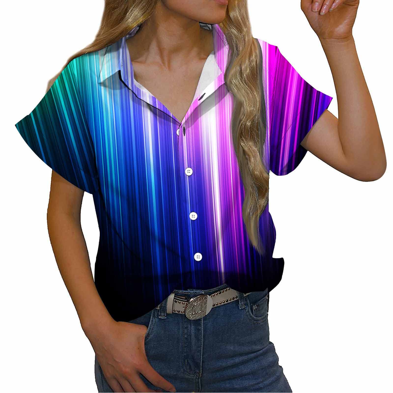 Women's V-Neck Button-Down T-Shirts - Short Sleeve Casual Blouses with Print, Loose Fit Summer Tops for Everyday Wear & Outdoor Activities