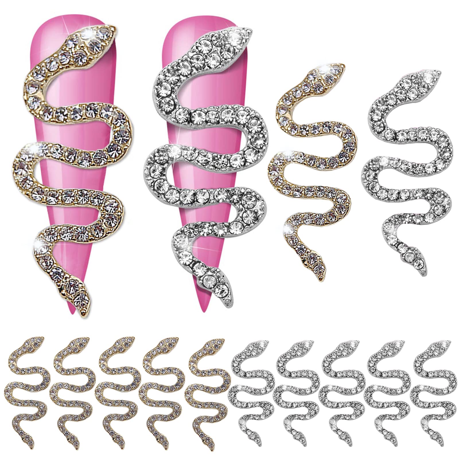 3D Snake Nail Charms with Rhinestones for DIY Nail Art - Gold & Silver