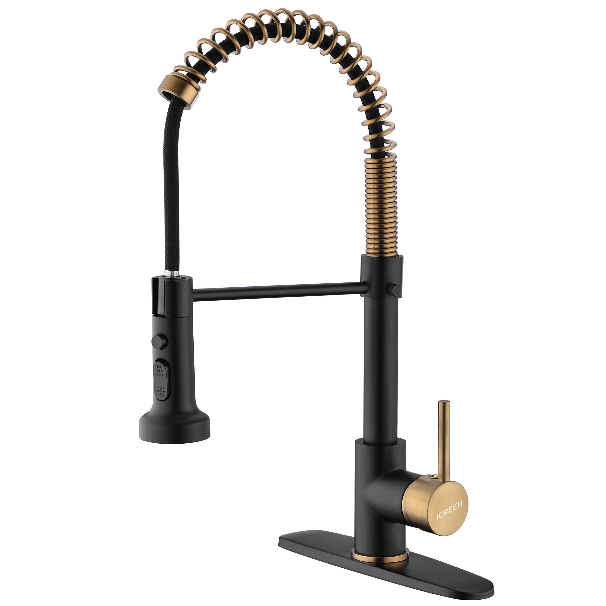 Matte Black and Gold Kitchen Faucet with Pull Down Sprayer - Commercial Single Handle Spring Faucet for Kitchen Sink - Durable Matte Finish - Perfect for Modern & Luxury Kitchens, Restaurants & Coffee Shops