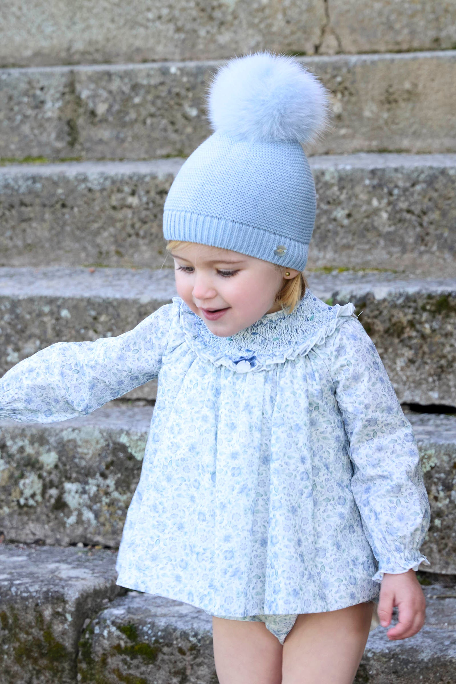 Sophie Powder Blue Floral Smocked Dress & Bloomers Set - Baby Girl's Vintage Style Outfit for Special Occasions, Photo Shoots & Easter Celebrations