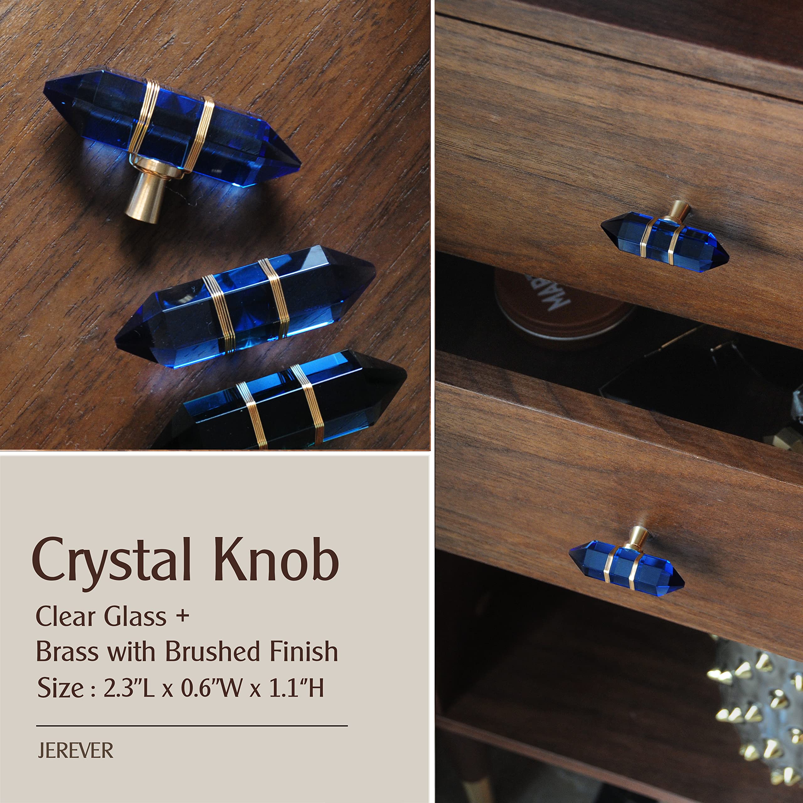 Hexagonal Crystal Knobs - 4 Pack Brass Drawer Pulls for Dresser & Kitchen (Blue) - Elegant Cabinet Hardware