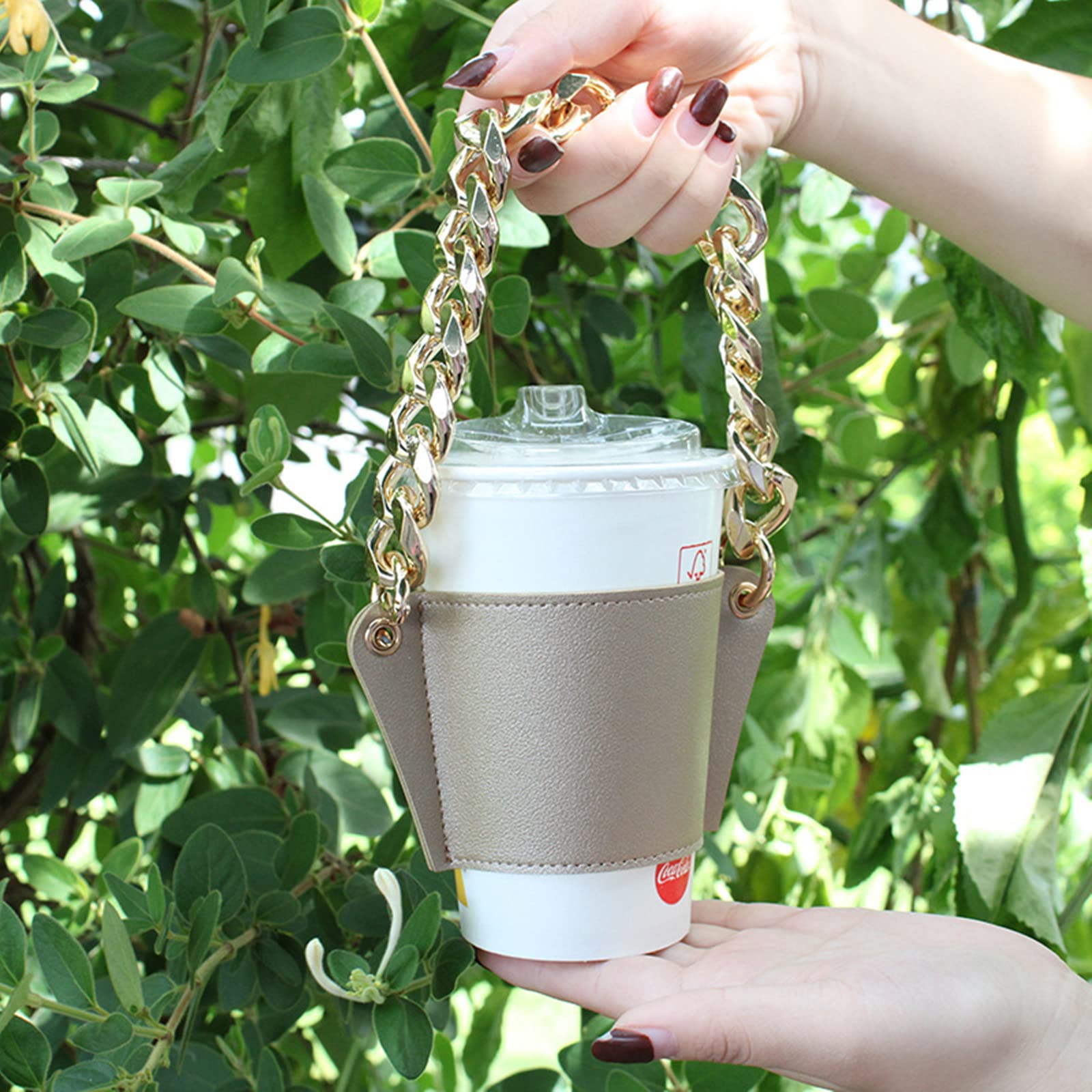 Premium Leather Coffee Cup Holder with Detachable Metal Chain - Insulated Reusable Travel Mug Sleeve for Hot/Cold Drinks - Portable Beverage Holder for Commuting, Office & Outdoor Activities (Gold)