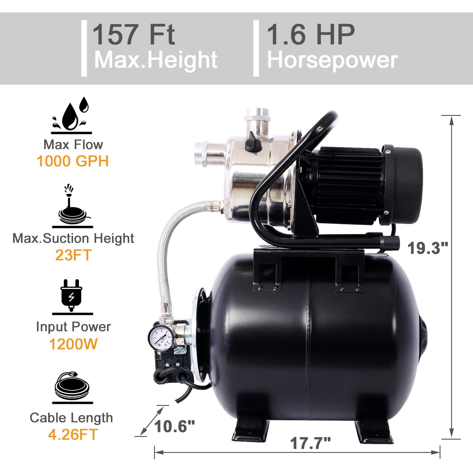 1.6HP Shallow Well Pump with Pressure Tank - 1000 GPH 1200W Automatic Water Booster Pump for Home, Garden, Lawn & Farm Irrigation | Stainless Steel Head | Black | Perfect for Watering Plants, Lawn Care & Agricultural Use