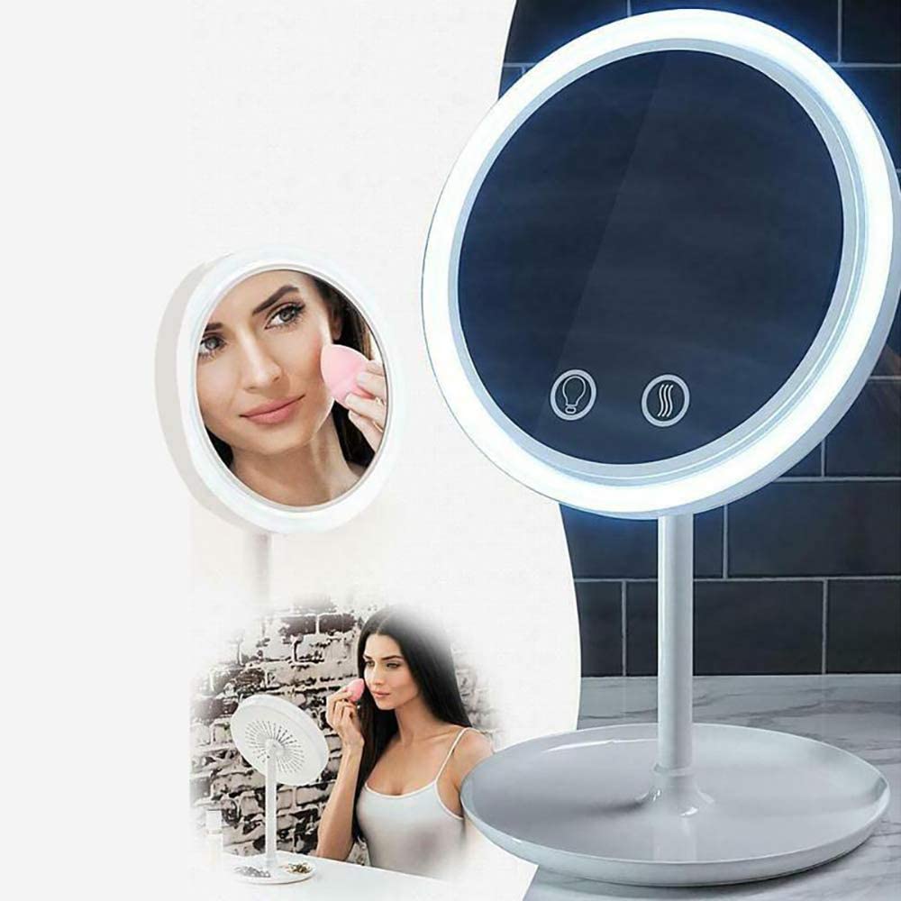 Cool Aire Mirror – Portable 3-in-1 USB Rechargeable LED Light Desktop Round Makeup Mirror with Fan | Perfect for Home, Office & Travel Vanity