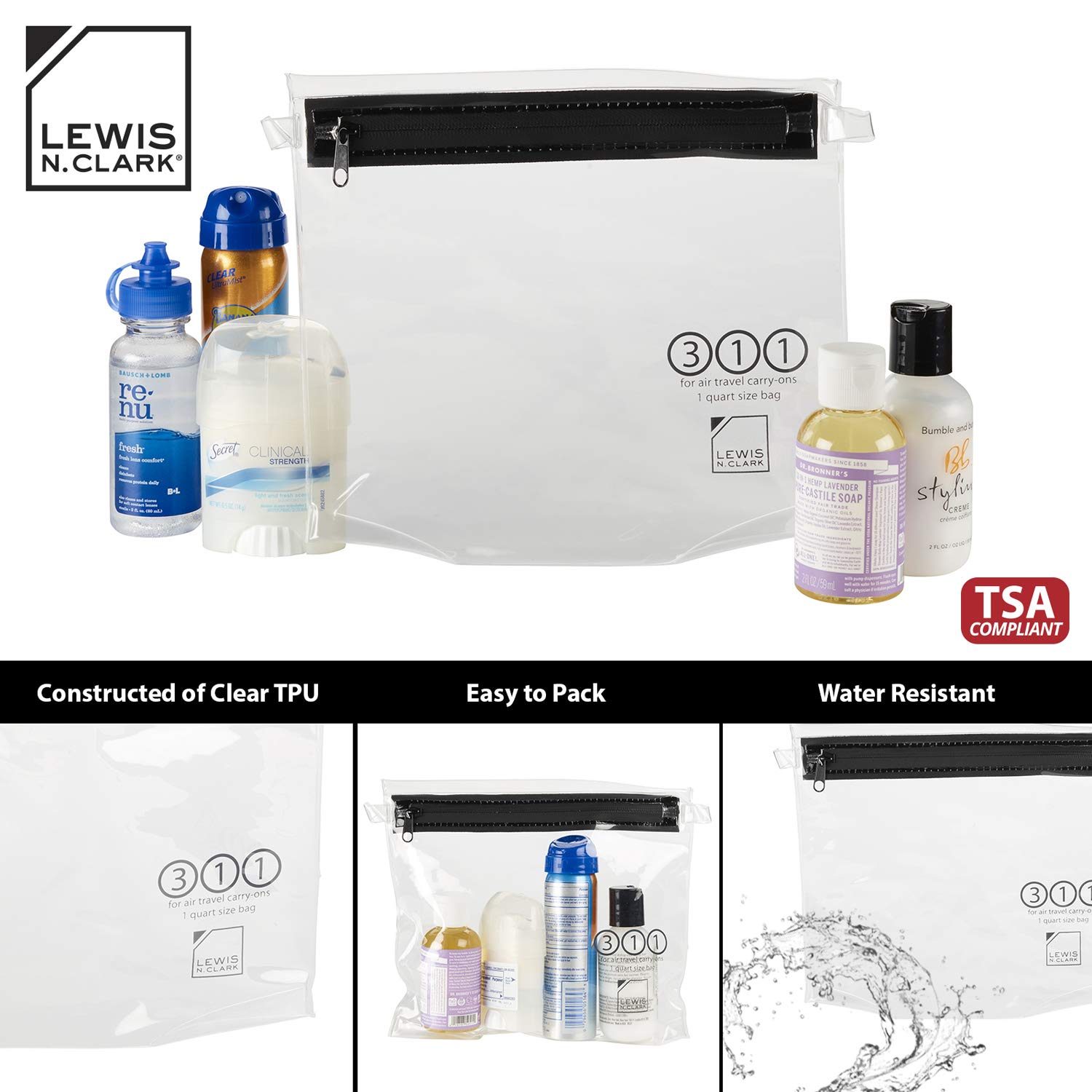 Lewis N. Clark TSA Approved 1qt Clear Toiletry Bag for Women & Men - Travel Organizer Pouch for Cosmetics, Liquids & Essentials | Perfect for Airports, Carry-On Luggage & Weekend Trips