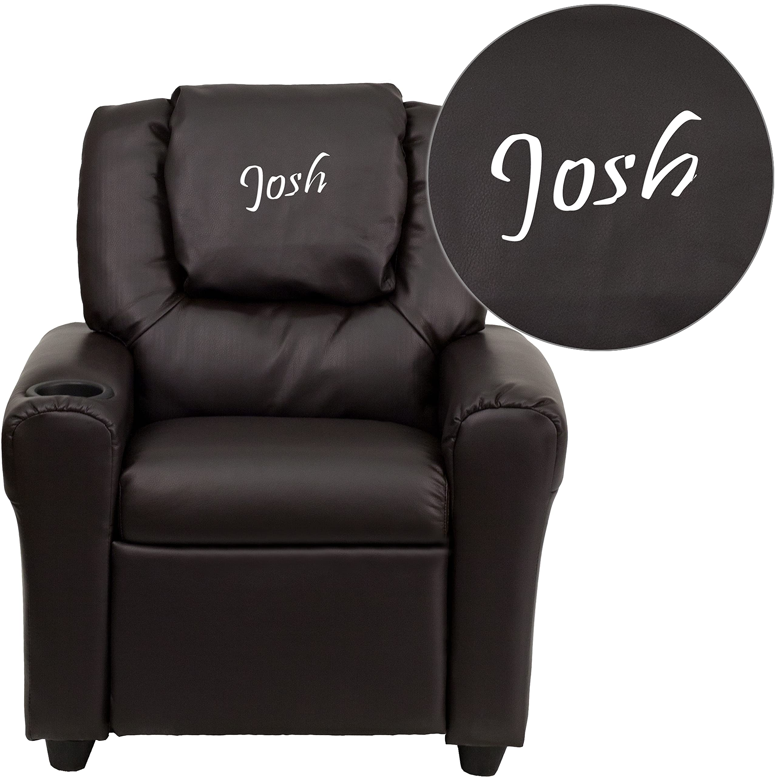 Flash Furniture Personalized Brown LeatherSoft Kids Recliner with Cup Holder & Headrest - Cozy Chair for Reading, Gaming & Movie Nights in Bedroom or Playroom