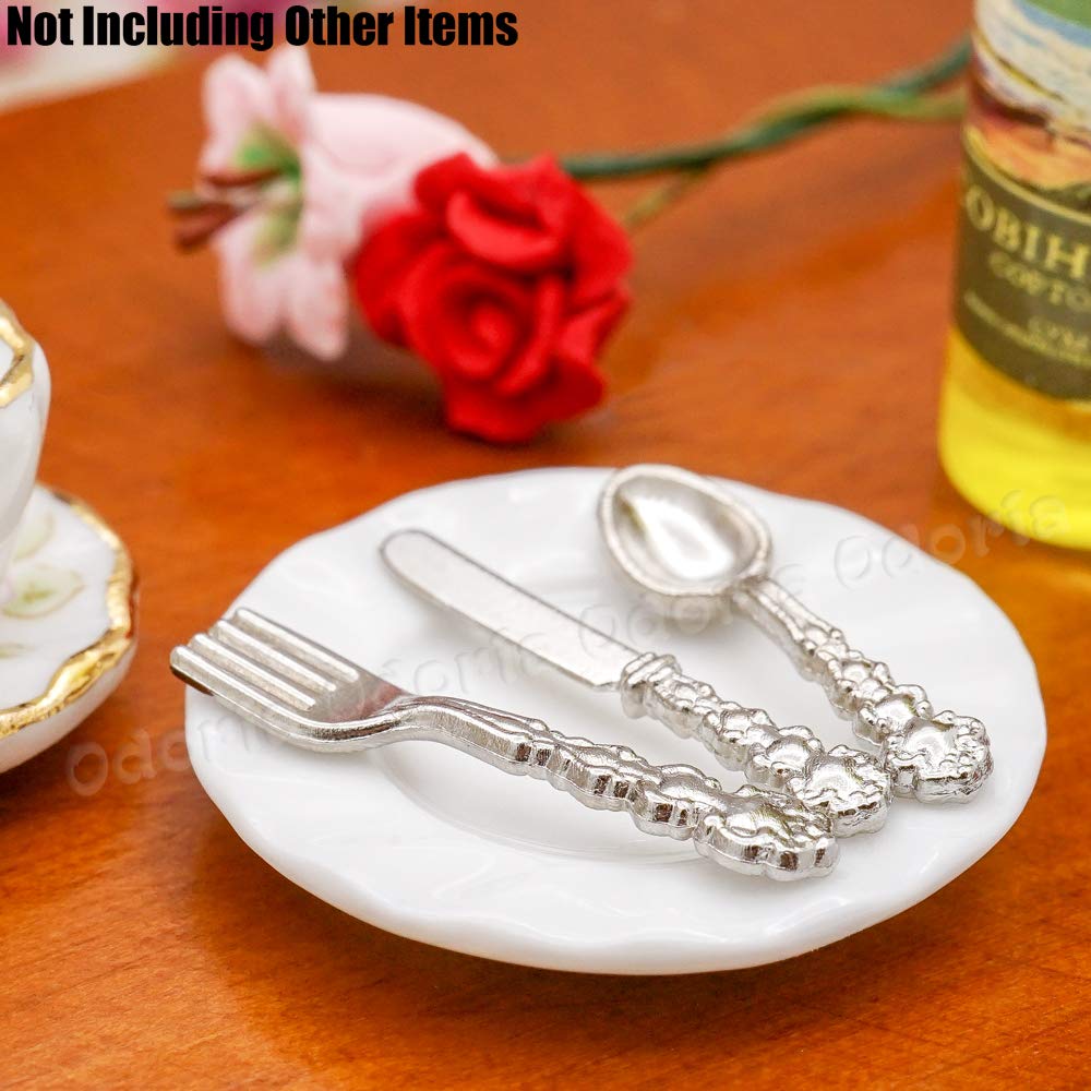1/12 Scale Miniature Plates & Silverware Set - Knife Fork Spoon Dollhouse Accessories for 1:12 Scale Models (Silver) | Perfect for Dollhouse Dining Room, Miniature Displays & Model Train Scenes