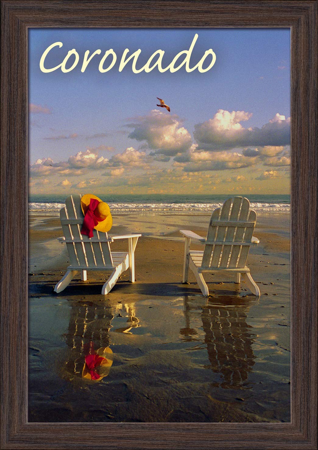Coronado California Beach Adirondack Chairs - 12x18 Giclee Fine Art Print with Recycled Wood Frame in Espresso Brown - Perfect for Coastal Home Decor & Beach House Wall Art