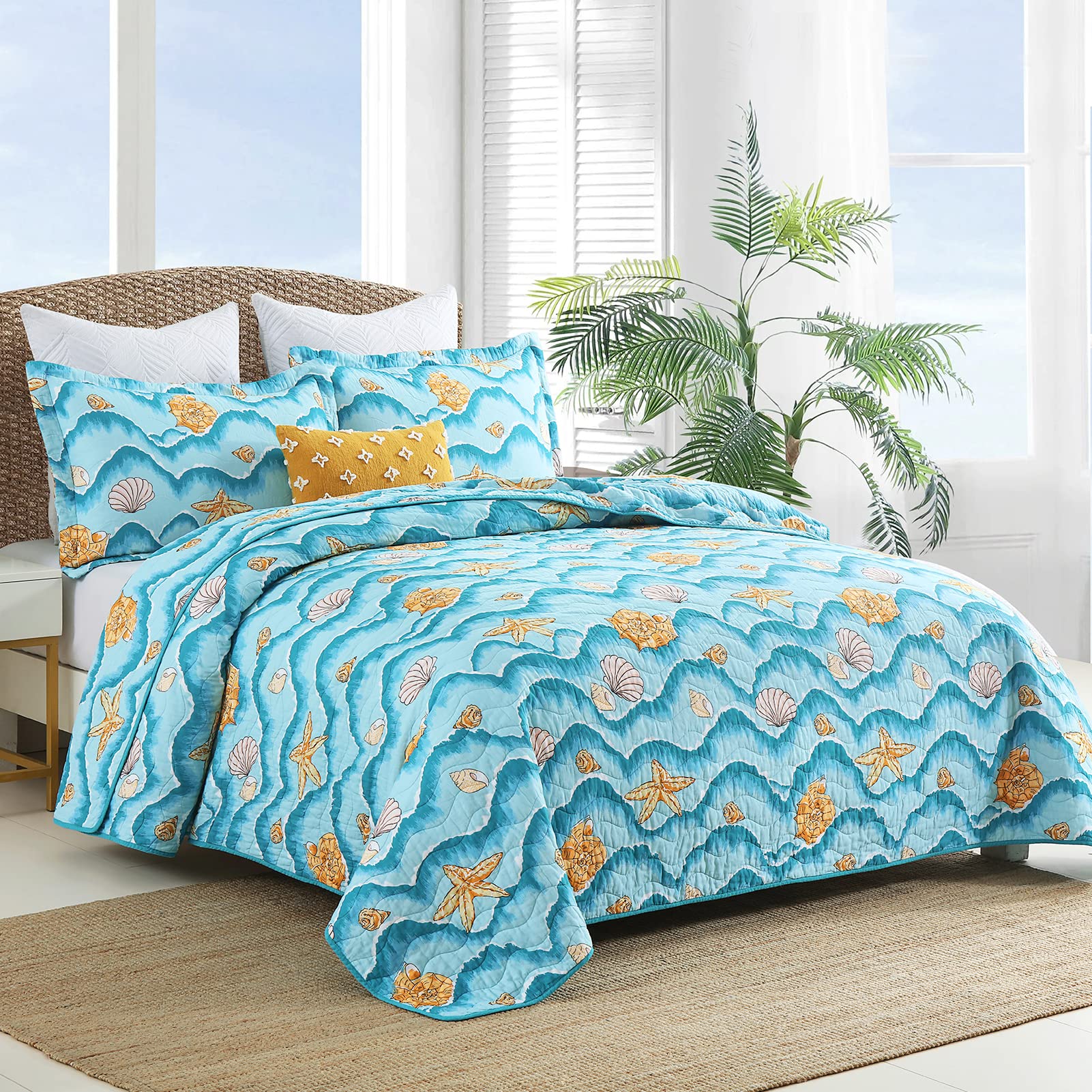 **SahSahCasa King Size Quilt Set - 100% Cotton Reversible Lightweight Summer Comforter - Coastal Blue Bedspread for Adults & Kids - 3-Piece Bedding Set for Bedroom, Guest Room, or Vacation Home**