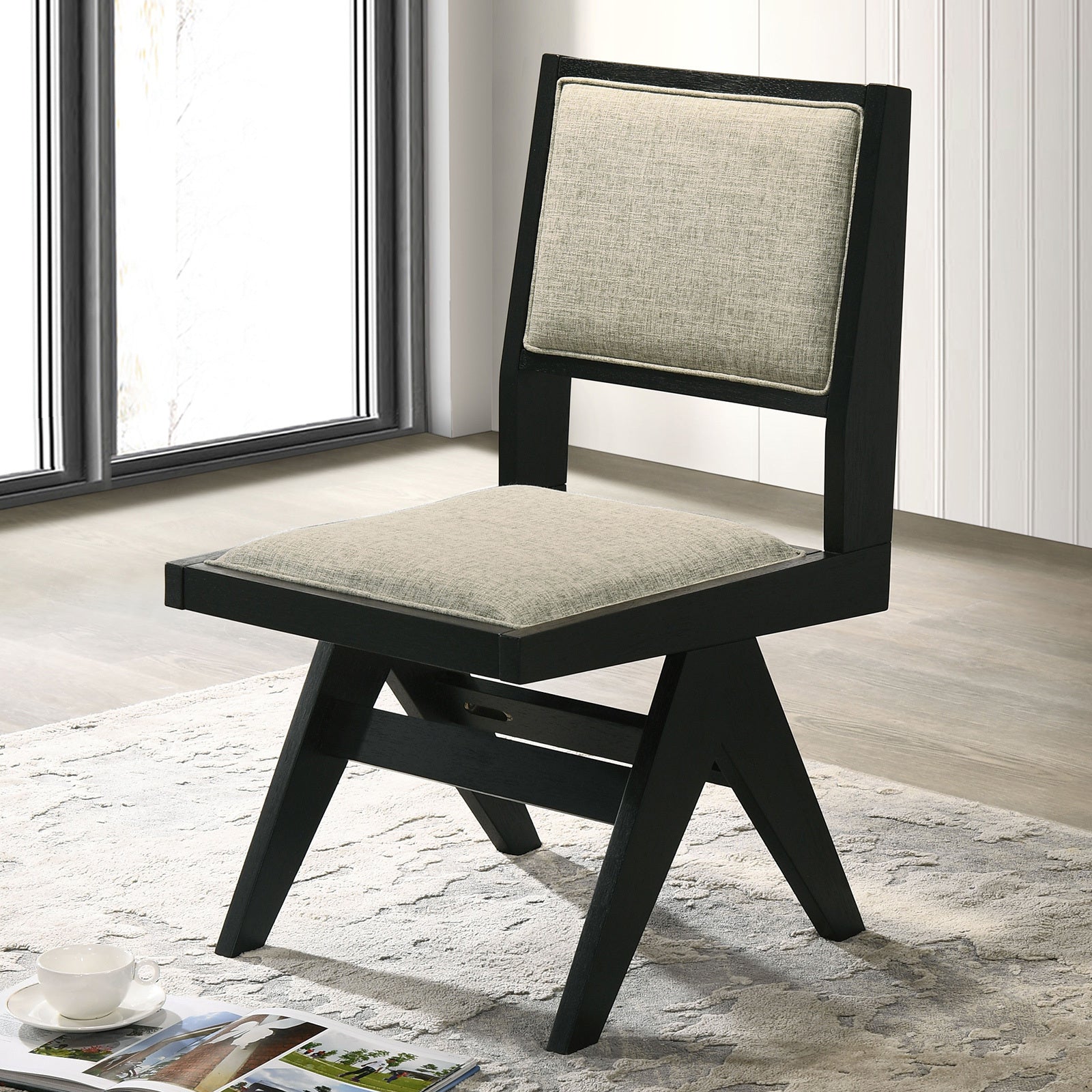Modern Black 2-Piece Dining Side Chairs with Light Gray Fabric Upholstery - Armless Contemporary Dining Room Chairs for Small Spaces & Breakfast Nooks