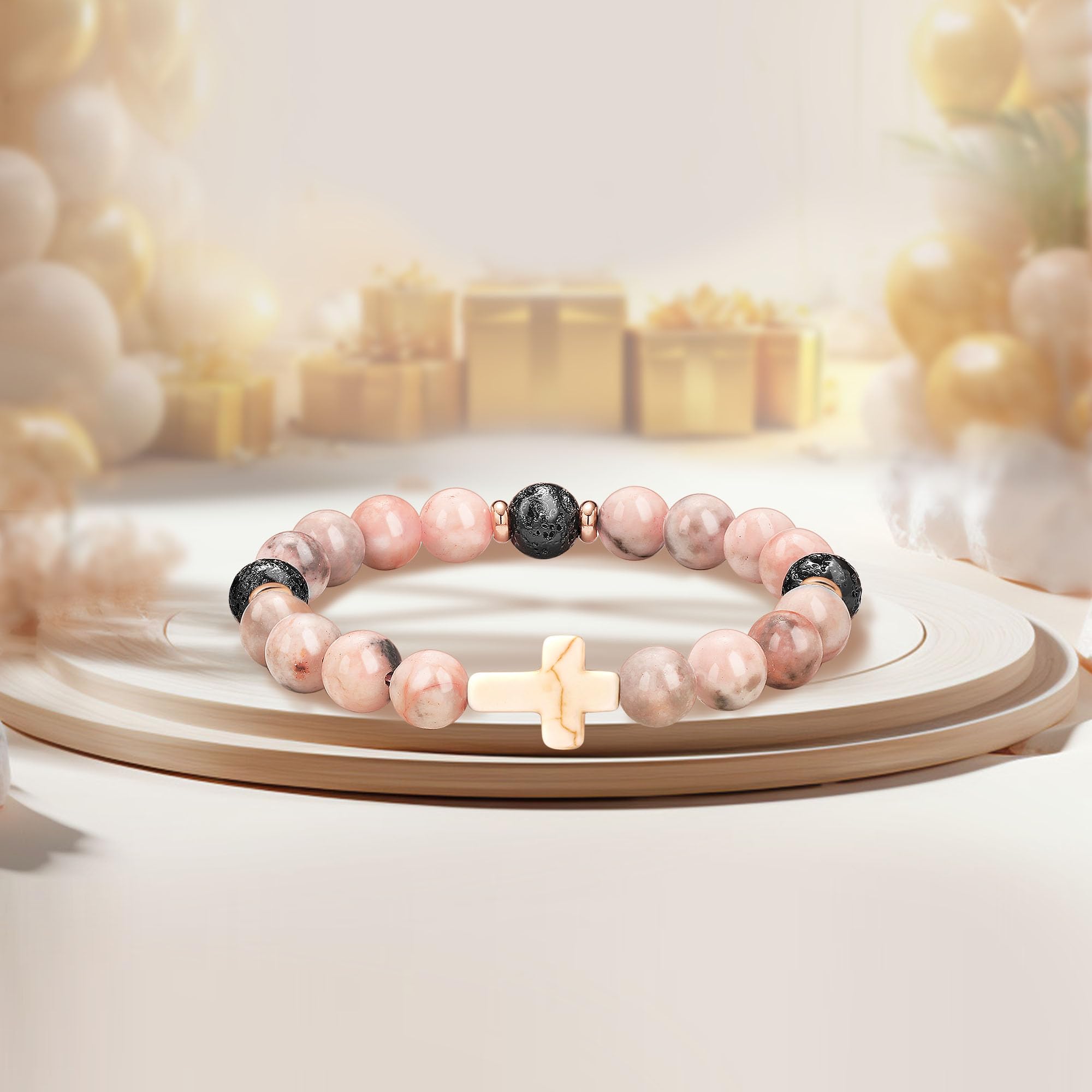 JSJOY Natural Stone Beaded Bracelet - Birthday Gifts for Women, Girls, Mom, Sister, Daughter (Age 6-80) - Christian Cross Jewelry for Easter, Christmas & Special Occasions - Perfect for Daily Wear, Church & Gift Giving