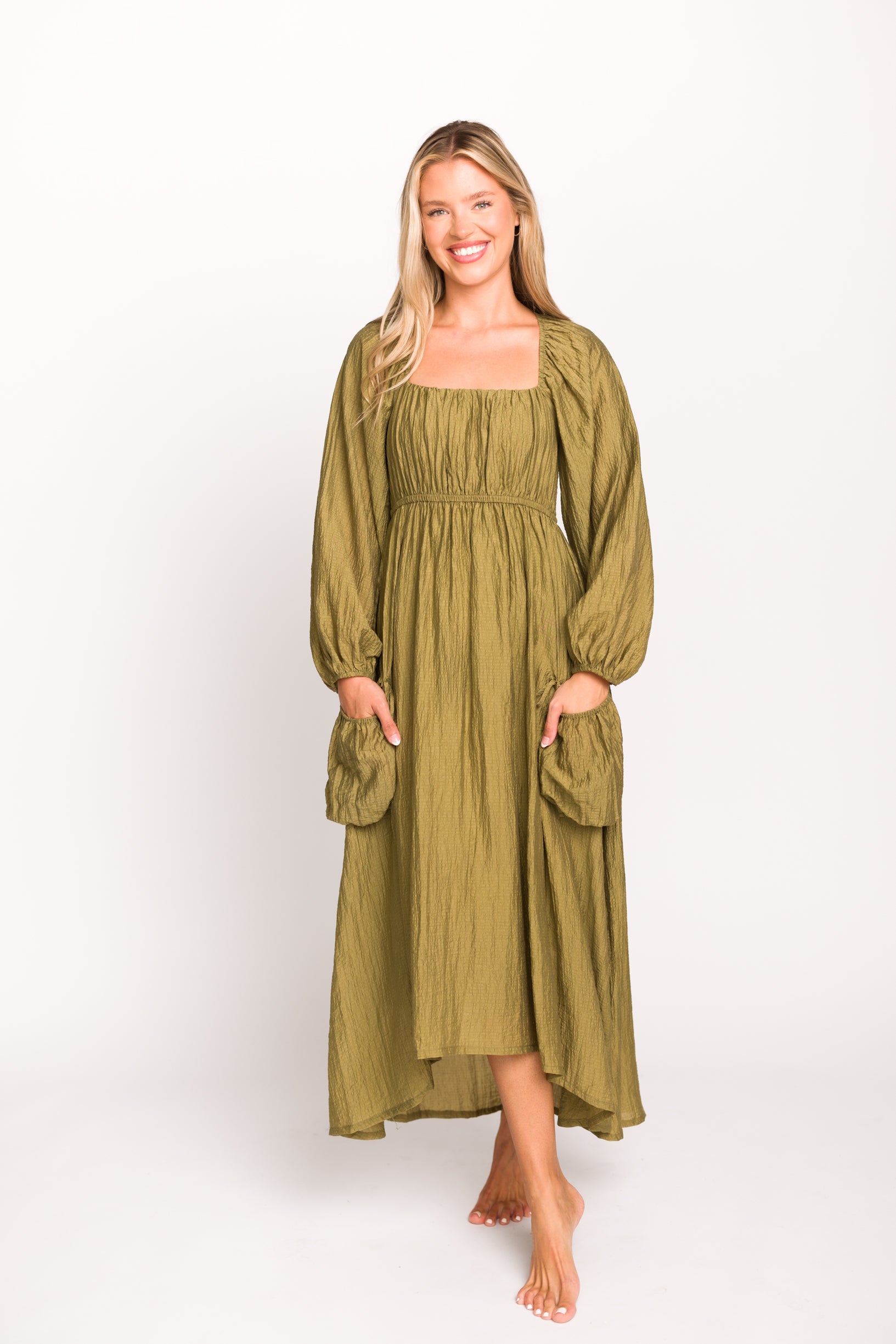 Ariana Women's Olive Long Sleeve Maxi Dress with Slouchy Pocket - Elegant Boho Style for Casual Wear, Date Night & Fall Fashion