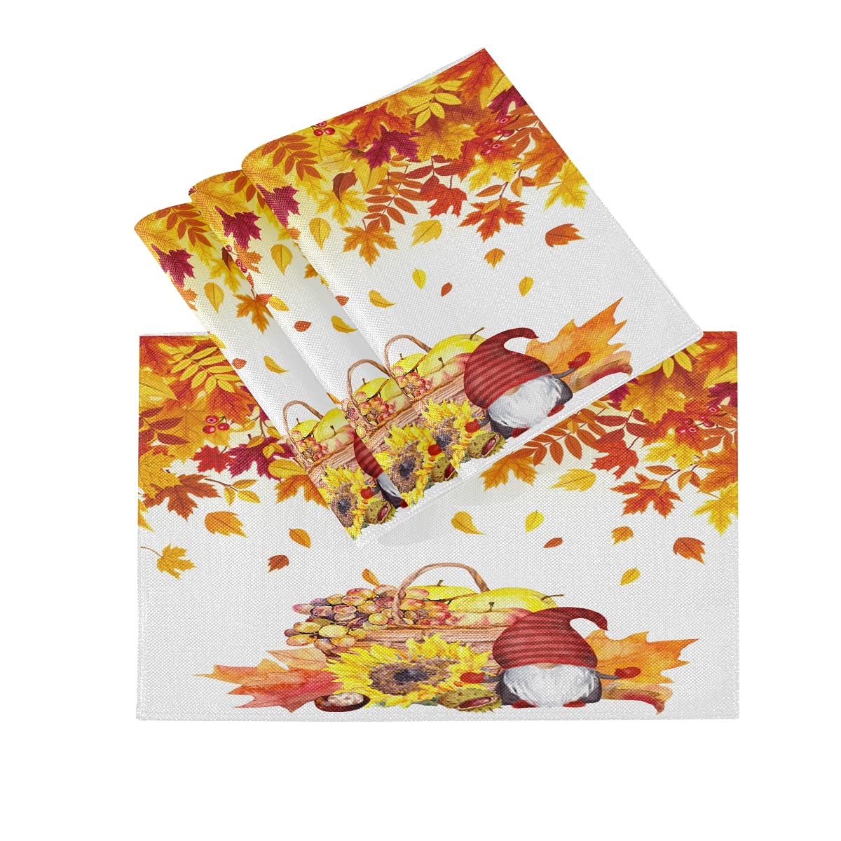 Thanksgiving Gnomes Placemats Set of 4 - Fall Maple Leaf & Pumpkin Washable Table Mats for Dining Decor (12x18 Inches) - Perfect for Thanksgiving Dinner, Autumn Home Decor & Holiday Table Setting