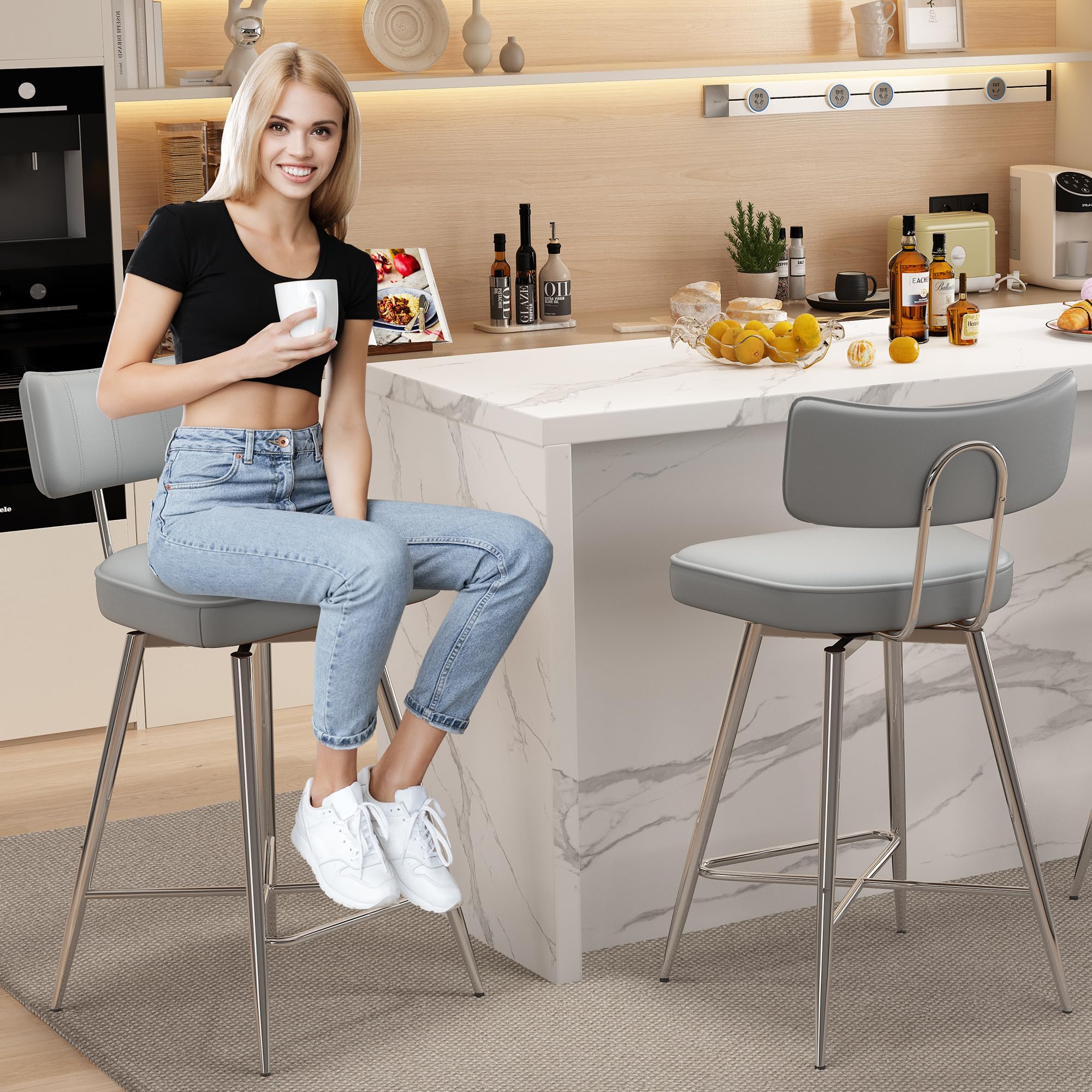 Swivel Counter Height Bar Stools Set of 4 - 26 Inch Gray Leather Kitchen Stools with Back Support, Sturdy Metal Legs & Footrest - Perfect for Kitchen Island, Breakfast Nook & Home Bar Seating
