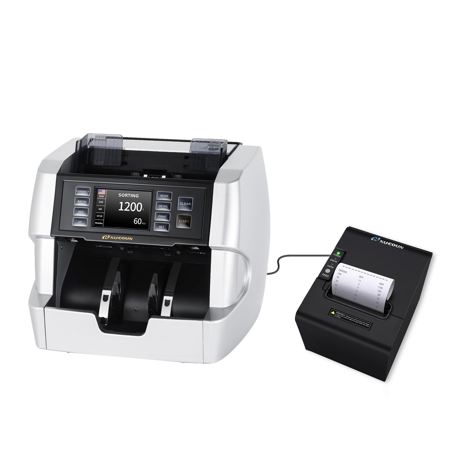 NUCOUN VC-7 Mixed Denomination Bill Counter Machine with VCP-80 80mm Thermal Receipt Printer - High Speed Money Counting for Banks, Retail Stores & Cash Offices