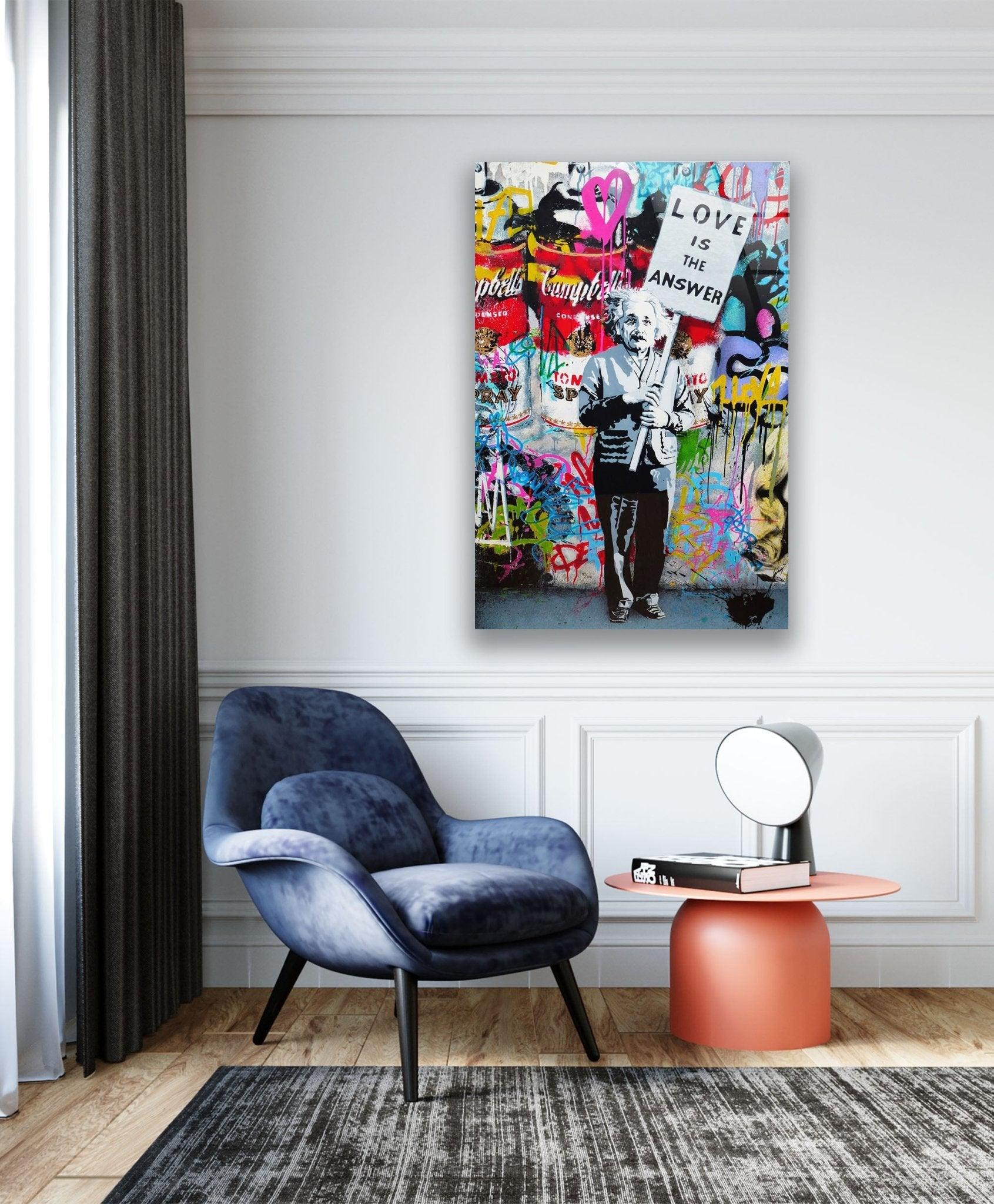 Banksy Einstein Graffiti Glass Wall Art - Modern Home Decor for Living Room, Office & Bedroom - Unique Street Art Inspired Glass Painting