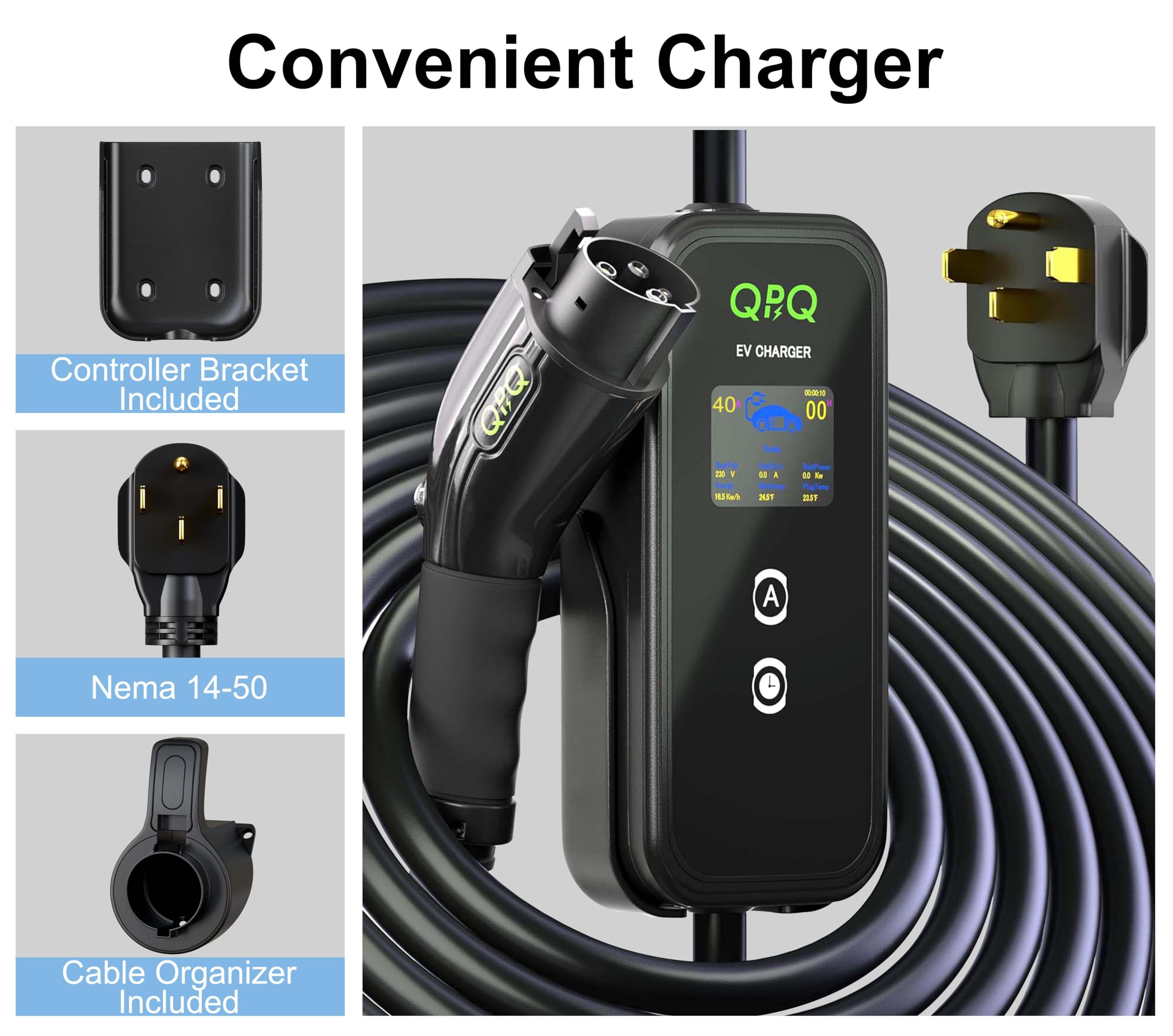 QPQ Level 2 EV Charger 40Amp 110-240V Portable Electric Vehicle Charger with Adjustable Current & Time Delay | 25ft Cable | NEMA 14-50 Plug for J1772 EVs | Perfect for Home, Office & Public Charging Stations