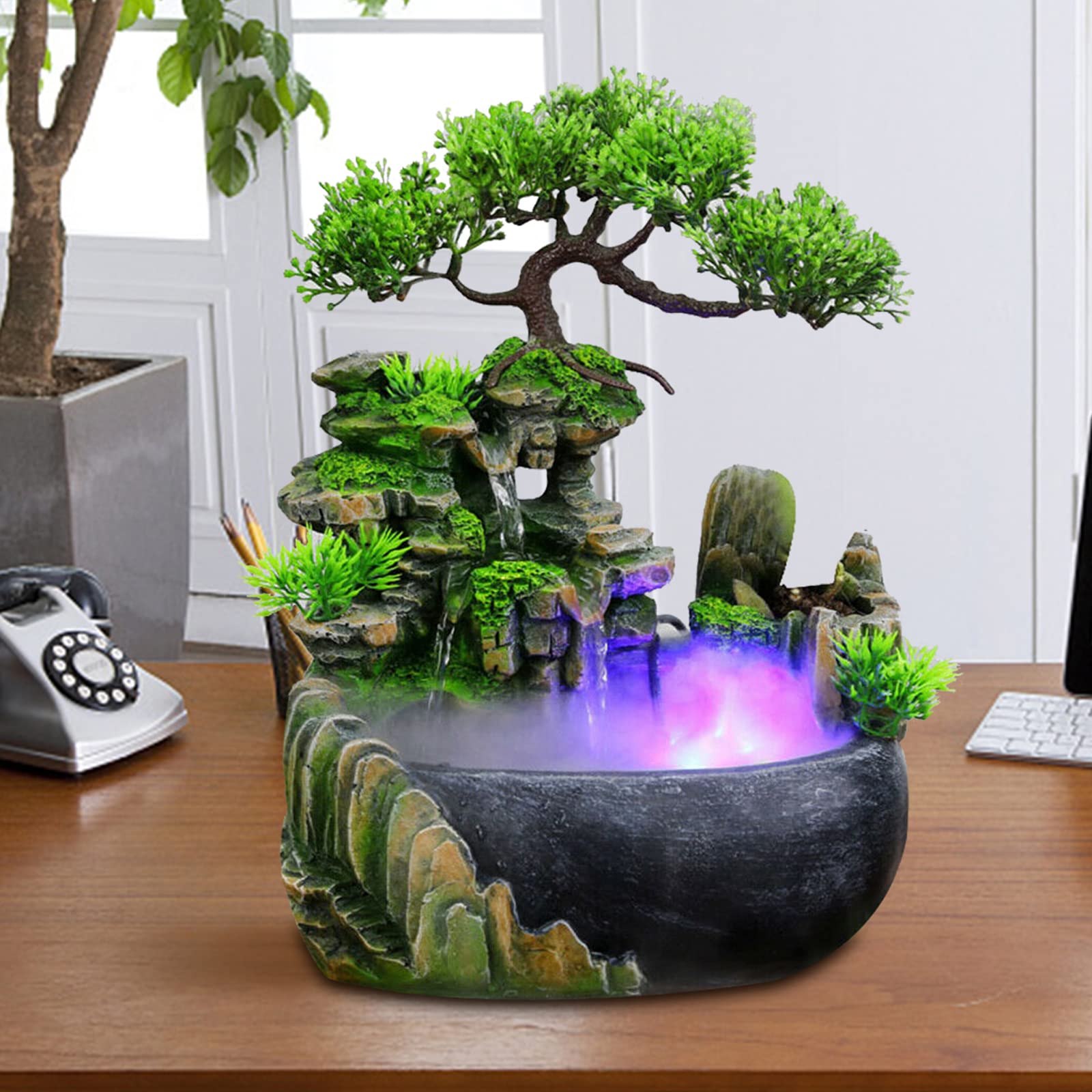 Indoor Tabletop Fountain with Rockery, Waterfall, Plants & LED Light - Desktop Water Feature & Humidifier for Office, Home, Bedroom Decor | US Stock | Perfect for Relaxation, Meditation & Stress Relief