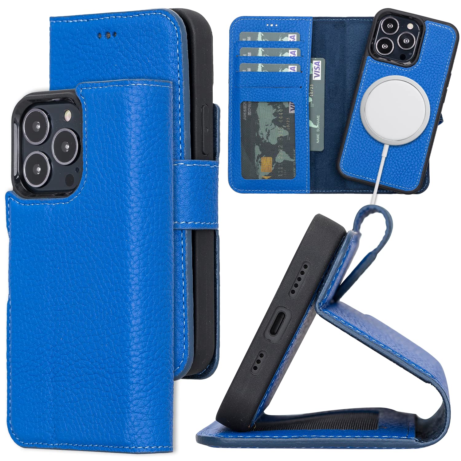 Premium Full Grain Leather iPhone 13 Pro Case with Magnetic Wallet & Kickstand - Detachable Flip Cover with Card Slots | MagSafe Compatible | Royal Blue | Perfect for Business Travel & Everyday Use