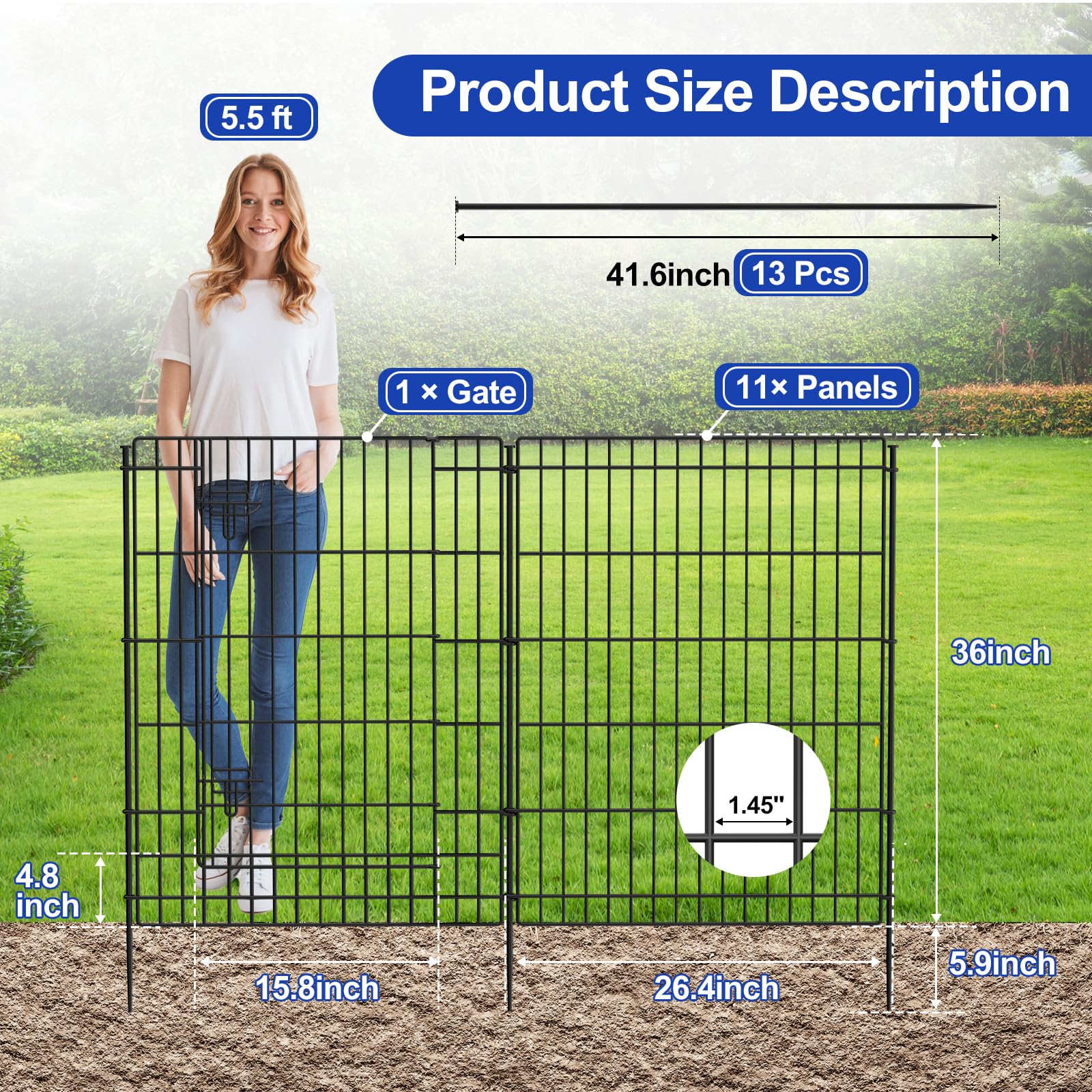 INJOPEXI 12-Panel Decorative Garden Fence - 26ft Length × 36in Height, Rustproof Metal Wire Outdoor Fencing with Gate - Perfect for Yards, Lawns, Parks & Rabbit/Dog Barriers | Ideal for Temporary Animal Enclosures, Garden Borders & Landscape Design