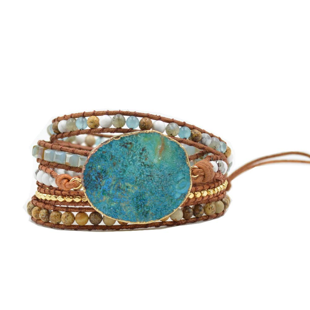 5 Wrap Gold Plated Beaded Leather Bracelet for Women - Natural Turquoise & Ocean Jasper Stone Fashion Jewelry | Perfect Gift for Birthday, Anniversary & Everyday Wear
