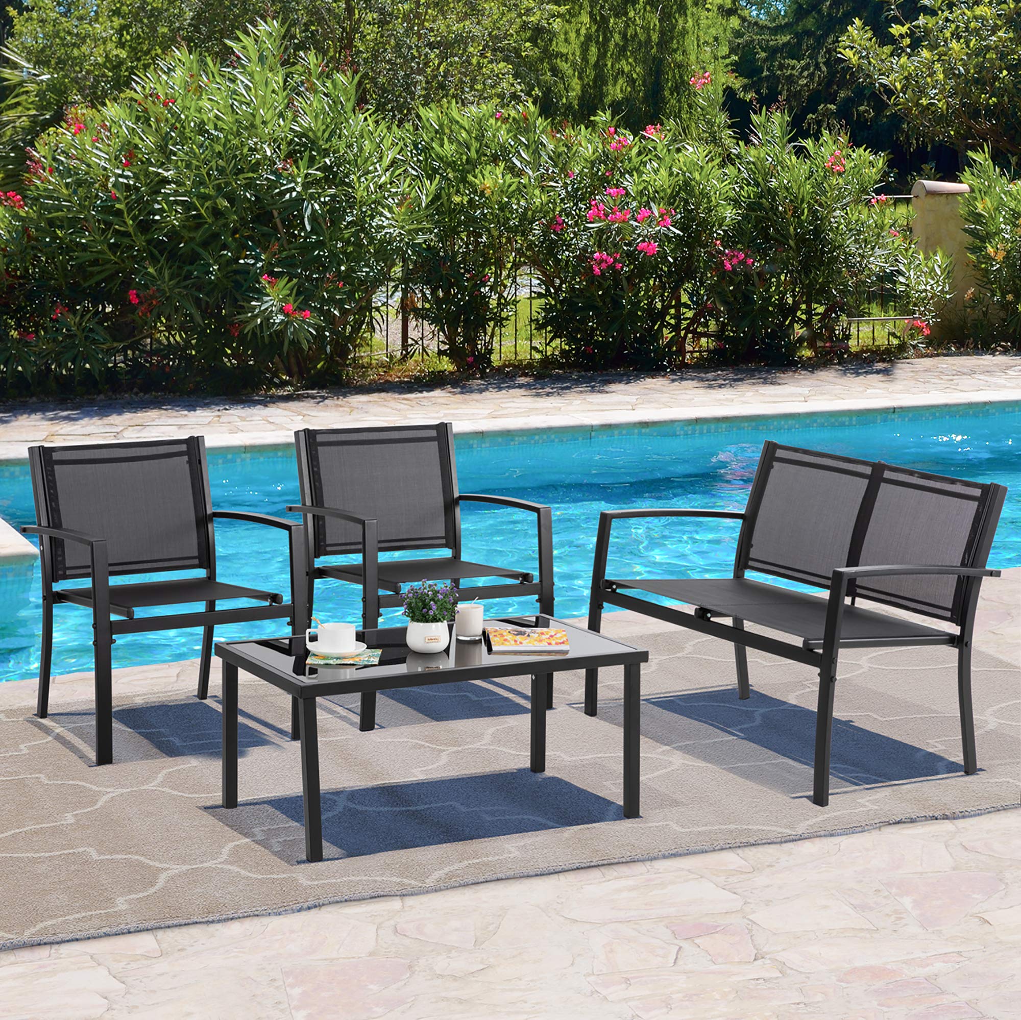 Vongrasig 4-Piece Outdoor Patio Furniture Set - Modern Textilene Bistro Set with Loveseat & Glass Coffee Table - Black Patio Conversation Set for Lawn, Balcony, Garden or Poolside Relaxation