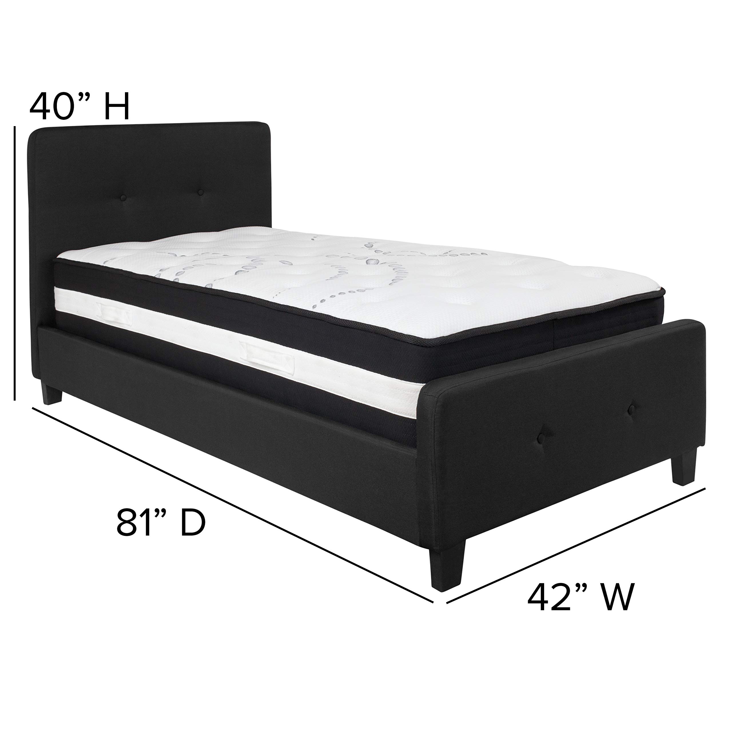 Flash Furniture Tribeca Twin Size Tufted Upholstered Platform Bed with Pocket Spring Mattress - Black Fabric Modern Bed Frame for Small Spaces, Guest Rooms & College Dorms