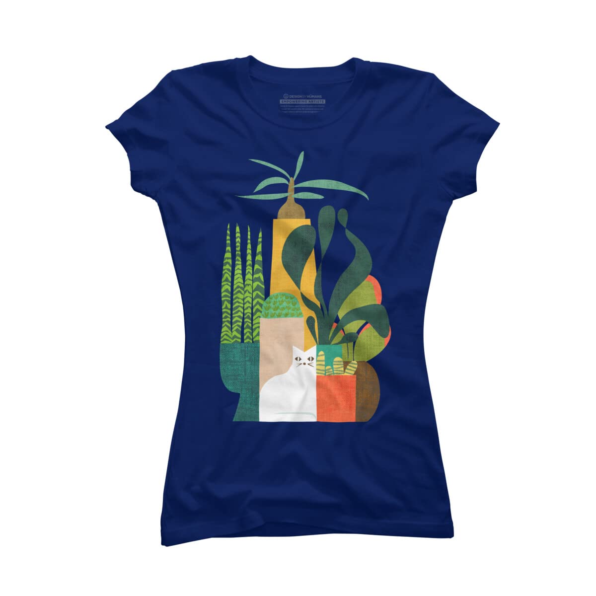 Design By Humans Junior's Cat and Plants Graphic T-Shirt - Cute Cat & Botanical Print Tee for Girls - Perfect for Casual Wear, School, and Outings
