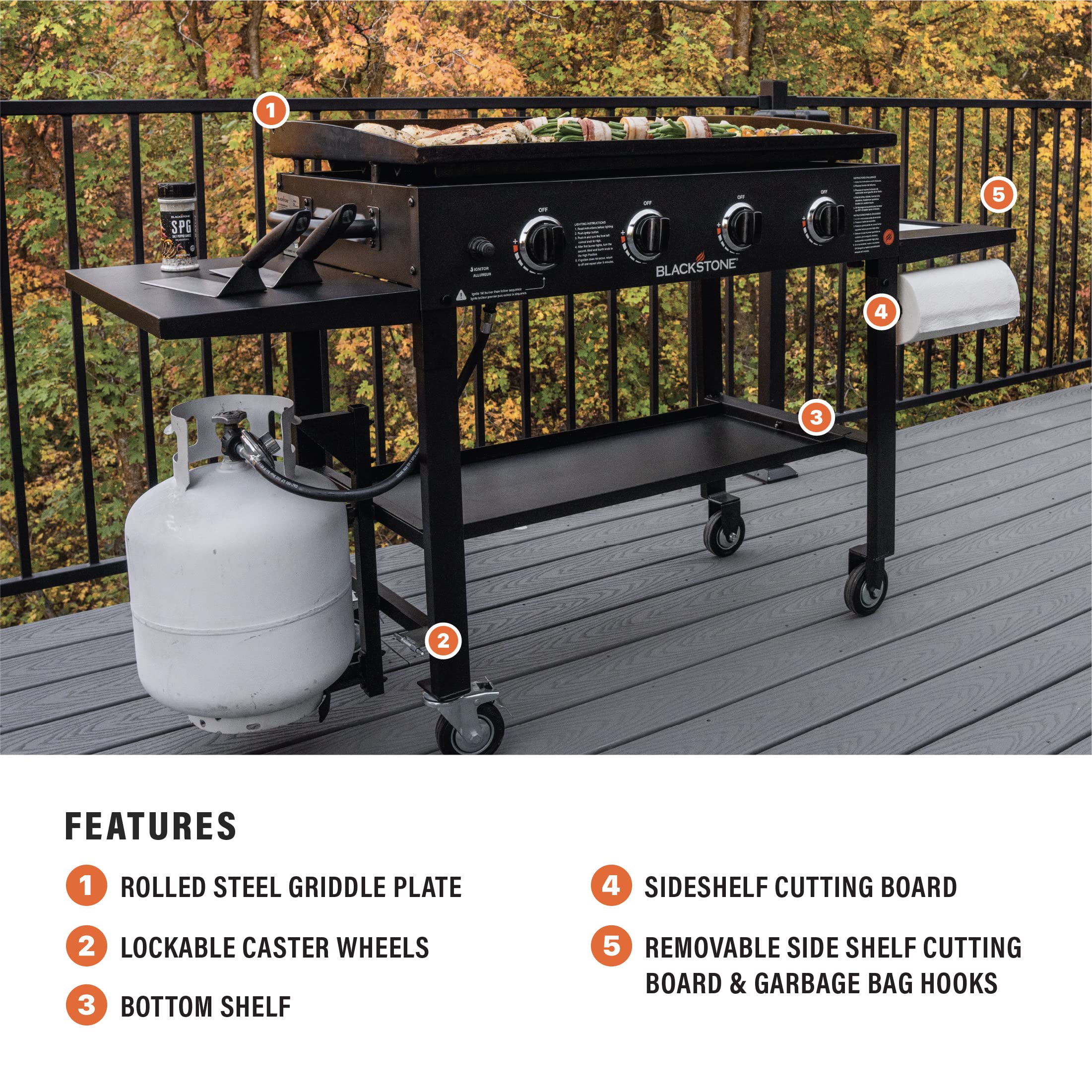 Blackstone 36 Inch Outdoor Flat Top Gas Griddle - 4 Burner Propane Grill with Built-in Cutting Board, Garbage Holder & Side Shelf - Professional Restaurant-Grade Cooking Station for Backyard BBQ, Tailgating & Outdoor Parties (1825, Black)