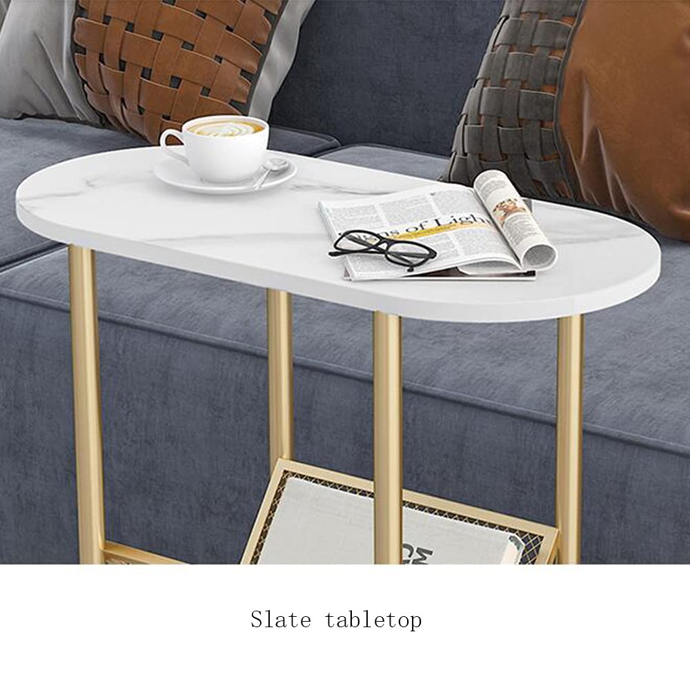 Modern 2-Tier Corner Table - Nordic Oval Bedside Table with Storage Shelf, Small Coffee Table & Side Cabinet for Living Room, Bedroom, Office - White