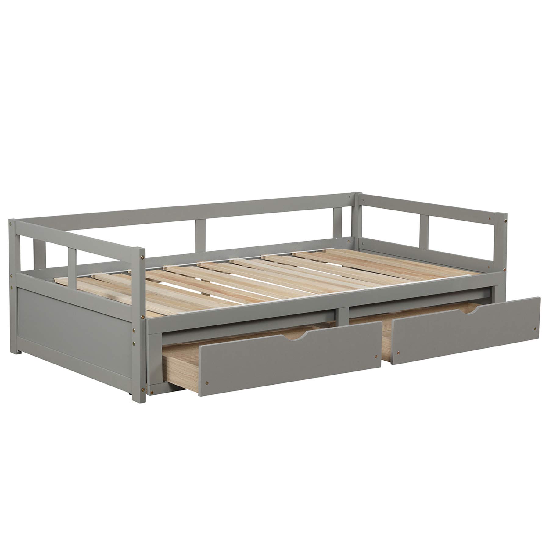 P PURLOVE Extendable Wooden Daybed with 2 Storage Drawers - Convertible Sofa Bed for Small Spaces, Guest Room & Living Room - Space-Saving Multi-Functional Furniture (Gray) | Perfect for Apartments, Dorms & Home Offices