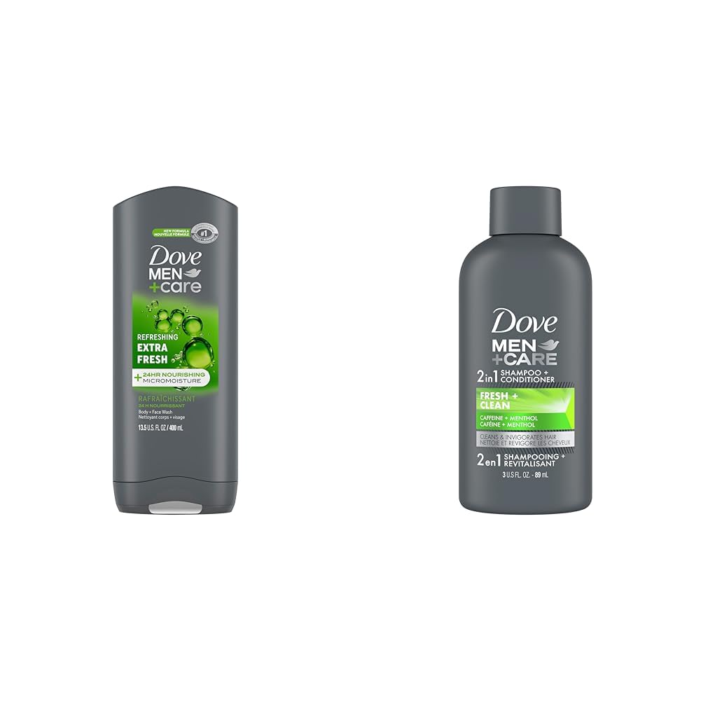 Dove Men Extra Fresh Body Wash & 2-in-1 Shampoo Conditioner Set - 13.5oz Body Wash + 3oz Shampoo for Men - Hydrating & Refreshing for Skin & Hair Care - Perfect for Gym, Travel & Daily Shower Routine
