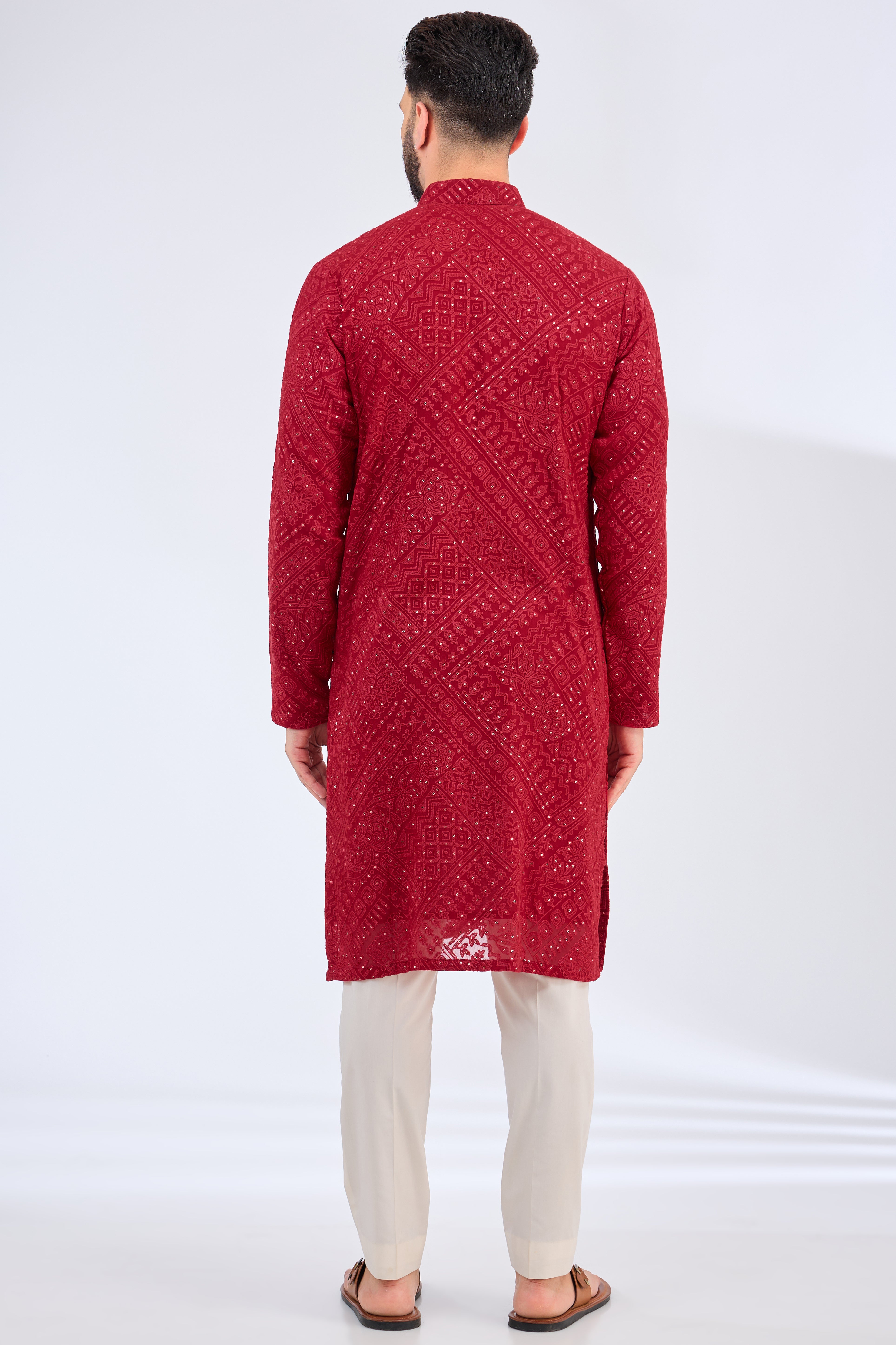 Red Chikankari Kurta with Tone-on-Tone Thread Work & Sequins - Elegant Indian Embroidered Tunic for Women - Perfect for Festivals, Weddings & Special Occasions