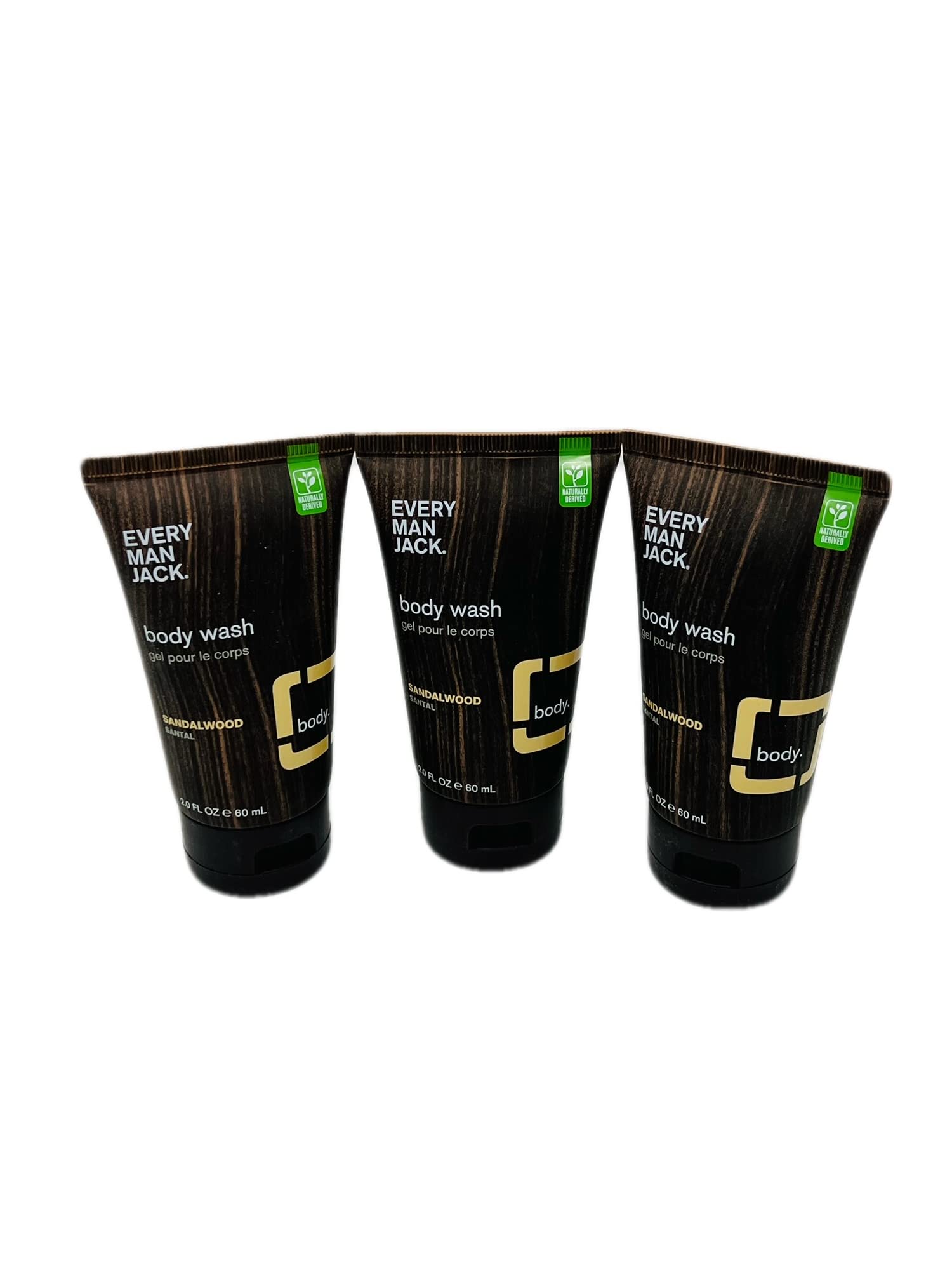 Every Man Jack Sandalwood Body Wash for Men - Travel Size 2.0 Fl Oz (3 Pack) - Natural Ingredients, Moisturizing & Refreshing - Perfect for Gym, Travel & Daily Shower Routine