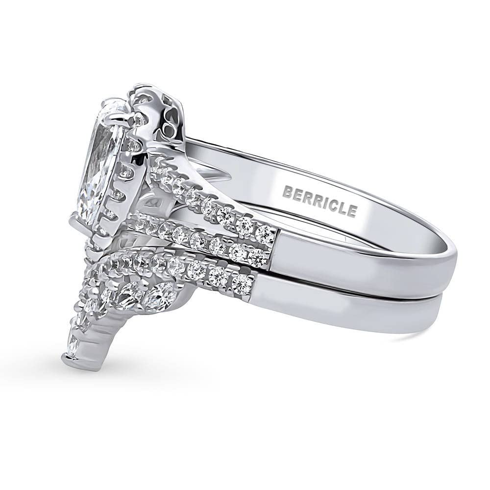 BERRICLE Sterling Silver Pear Cut Cubic Zirconia Halo Engagement Ring Set for Women - Rhodium Plated Wedding Band, Size 4-10, Elegant Wishbone Split Shank Design - Perfect for Proposals, Anniversaries & Special Occasions