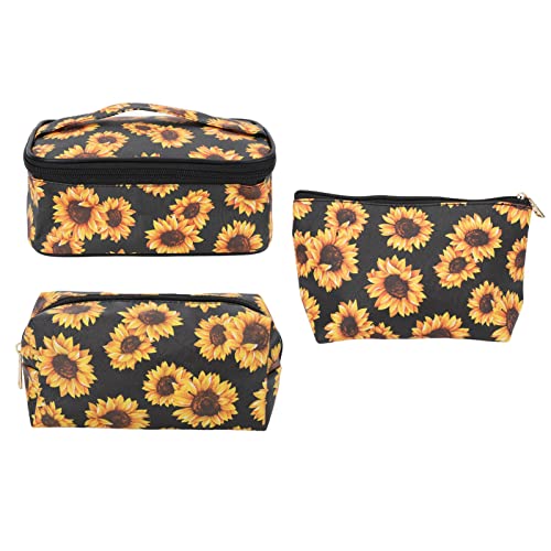 3 Pcs Sunflower Makeup Bags with Gold Zipper - Waterproof Travel Toiletry Organizer for Cosmetics, Jewelry & Accessories - Perfect for Vacation, Gym & Daily Use