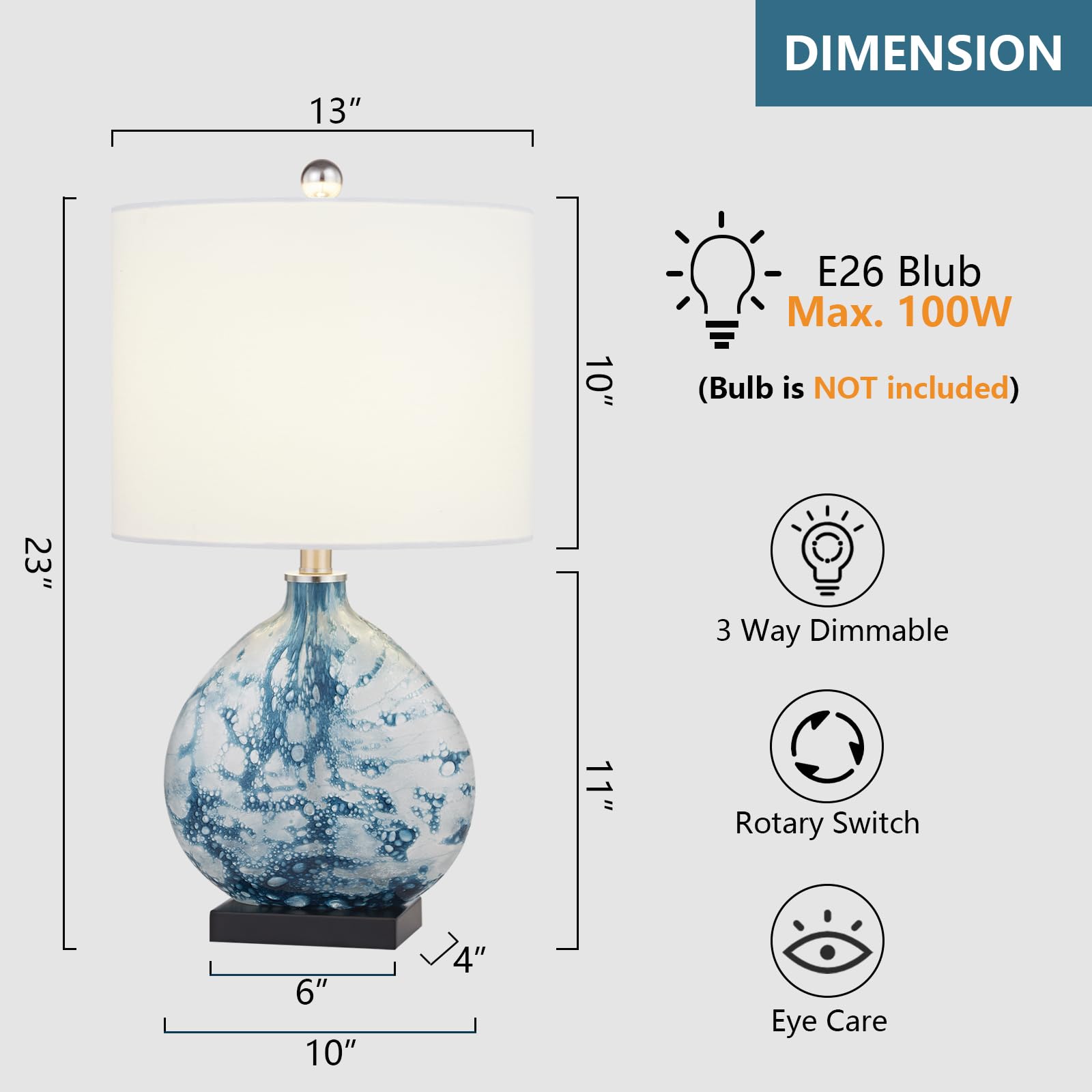 Maxax Coastal Blue Glass Table Lamp - 3-Way Dimmable Bedside Lamp with White Drum Shade for Living Room, Bedroom & Nightstand | Perfect for Coastal Decor, Reading Nook & Bedside Lighting