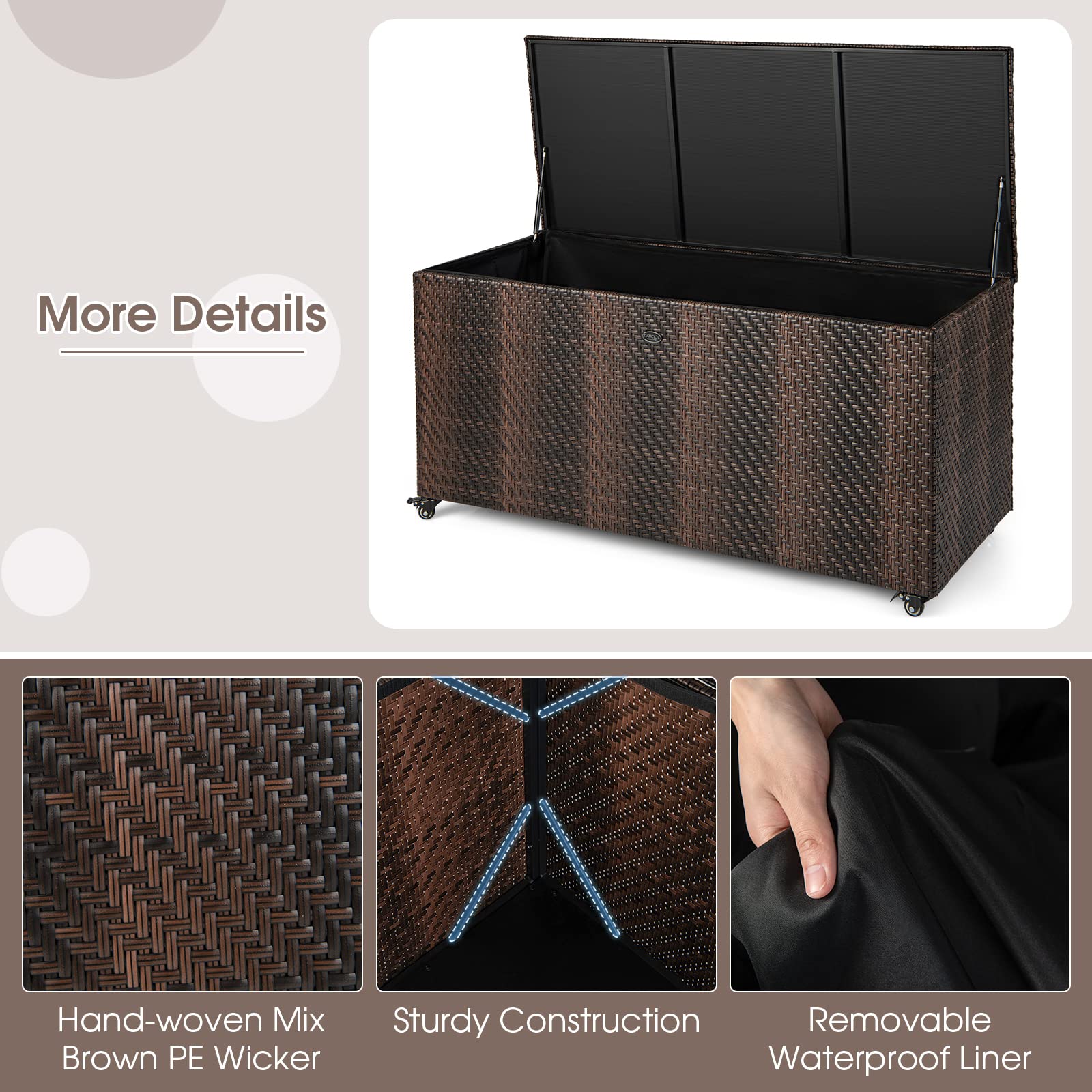 **96 Gallon Outdoor Rattan Deck Box with Wheels - PE Wicker Patio Storage Box with Liner, 2-in-1 Multifunctional Storage for Patio Furniture Cushions, Garden Tools & Pool Accessories - Perfect for Backyard, Deck, and Poolside Organization**