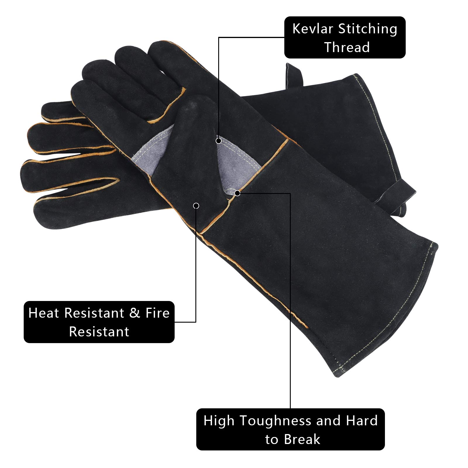 Heat & Fire Resistant Leather Gloves with Kevlar Stitching - Black/Gray - Perfect for Fireplace, Stove, Oven, Grill, Welding, BBQ, MIG, Pot Holders & Animal Handling - Ideal for Cooking, Metalworking & Outdoor Activities