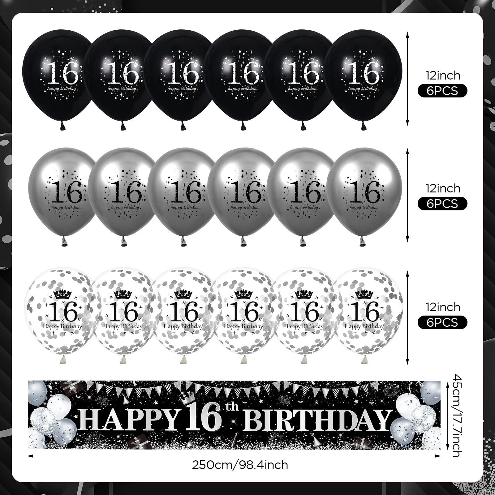 Black & Silver Happy 16th Birthday Decorations Set - Banner Yard Sign & 18Pcs Balloons for Boys Girls Sweet 16 Party Supplies | Perfect for Birthday Anniversaries, Teen Celebrations & Milestone Decor