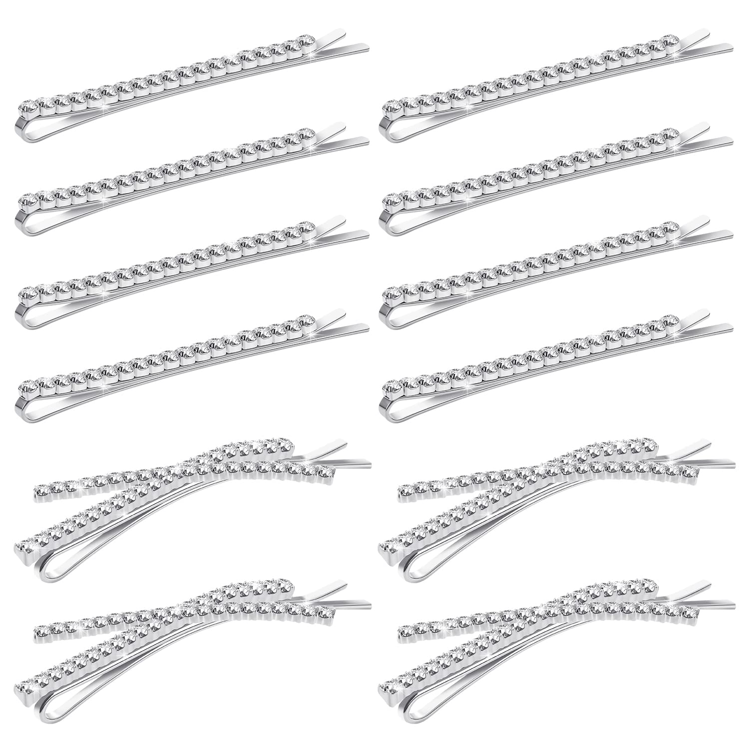 12 Pcs Rhinestone Bobby Pins & 8 Silver Metal Hair Clips - 4 X-Shaped Crystal Hair Pin Decorations for Women, Girls, Bridal & Party Hairstyles - Perfect for Weddings, Prom, Dances & Special Occasions
