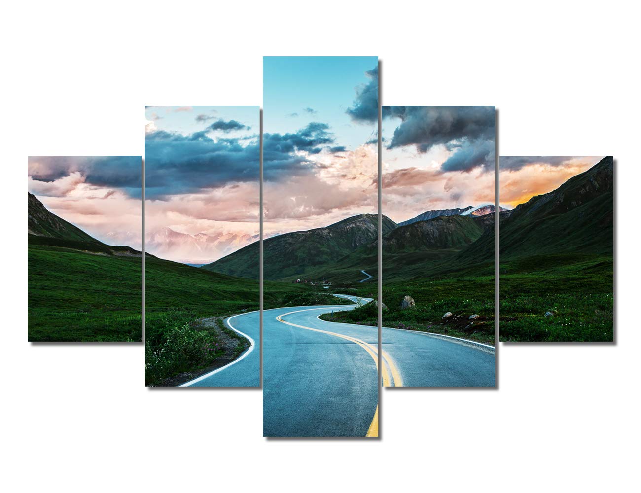 TUMOVO 5-Panel Alaska USA Highway Mountain Landscape Canvas Wall Art - Framed Nature Scenery Painting for Home, Office, Living Room & Bedroom Decor | Perfect for Rustic, Modern & Farmhouse Interior Design Styles