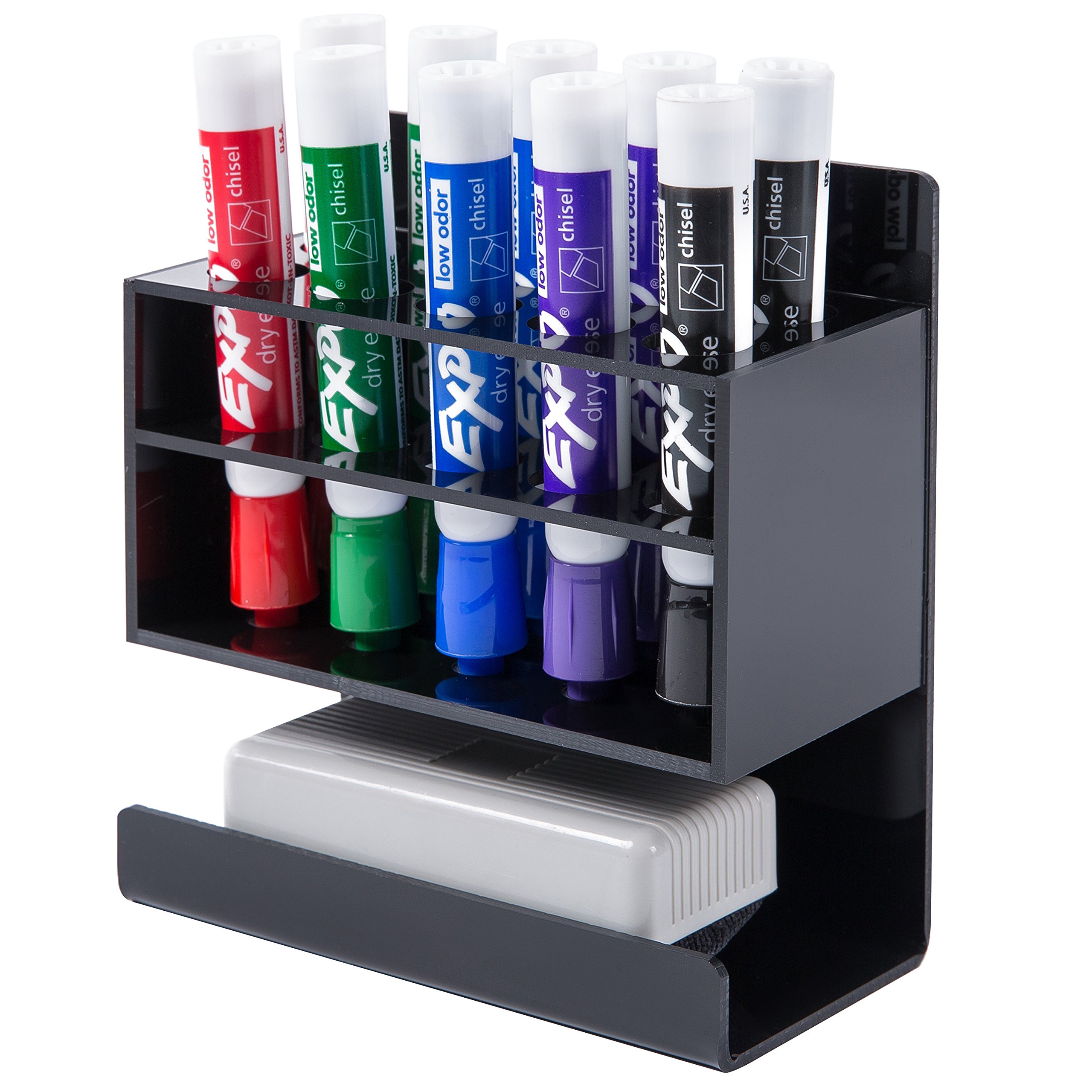 MyGift Black Wall Mounted Dry Erase Whiteboard Marker Holder Stand - 10 Marker Slots & Eraser Holder - Perfect for Classrooms, Offices & Home Organization